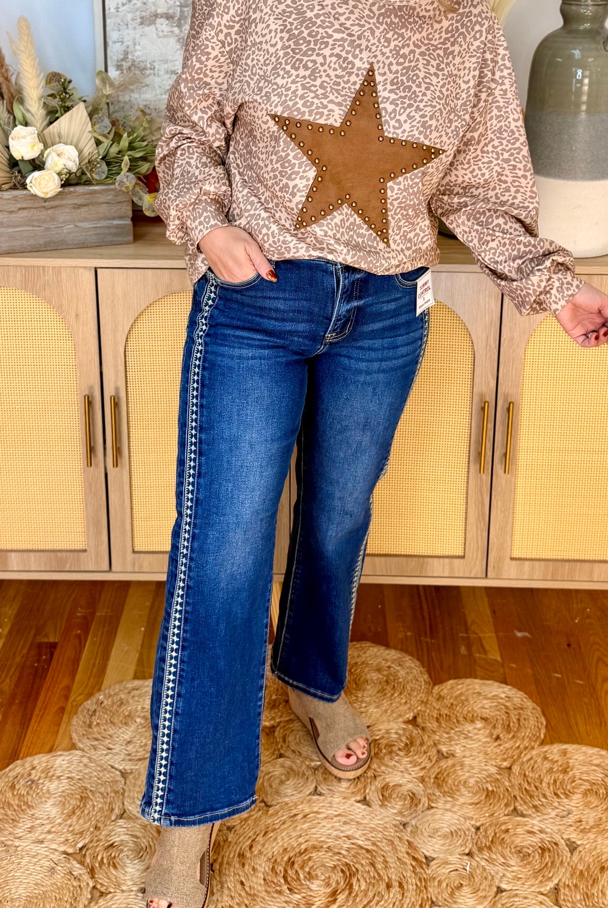 RISEN Tummy Control Mid Rise Ankle Straight Embroidered Detail-210 Jeans-Risen-The Lovely Closet, Women's Fashion Boutique in Alexandria, KY