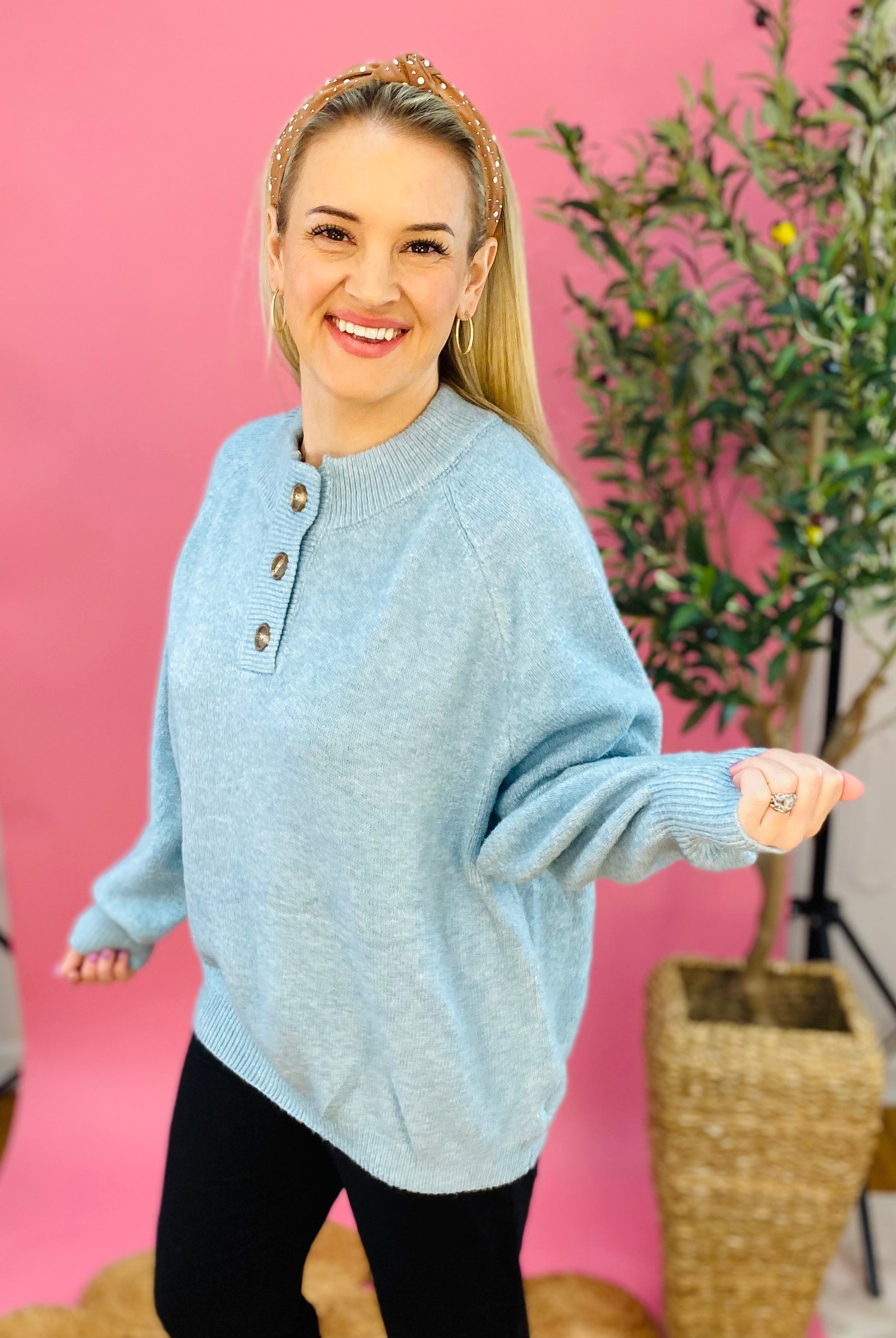 Cabin Fever 1/4 Button Sweater - Sky Blue-999 History-Vine & Love-The Lovely Closet, Women's Fashion Boutique in Alexandria, KY