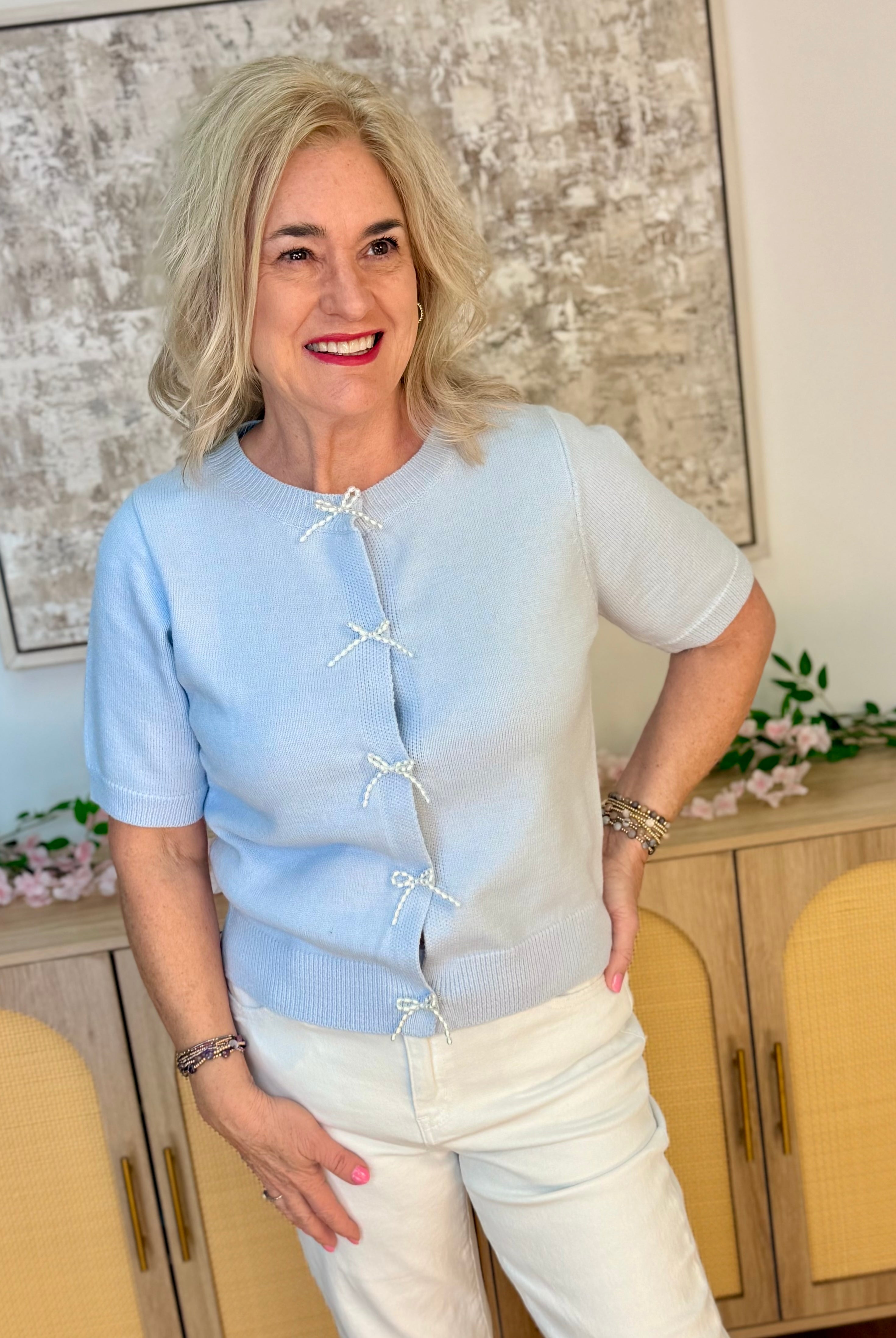 Dainty Pearl Bow Cardigan - Lt. Blue-160 Cardigan/Kimonos-Doe and Rae-The Lovely Closet, Women's Fashion Boutique in Alexandria, KY