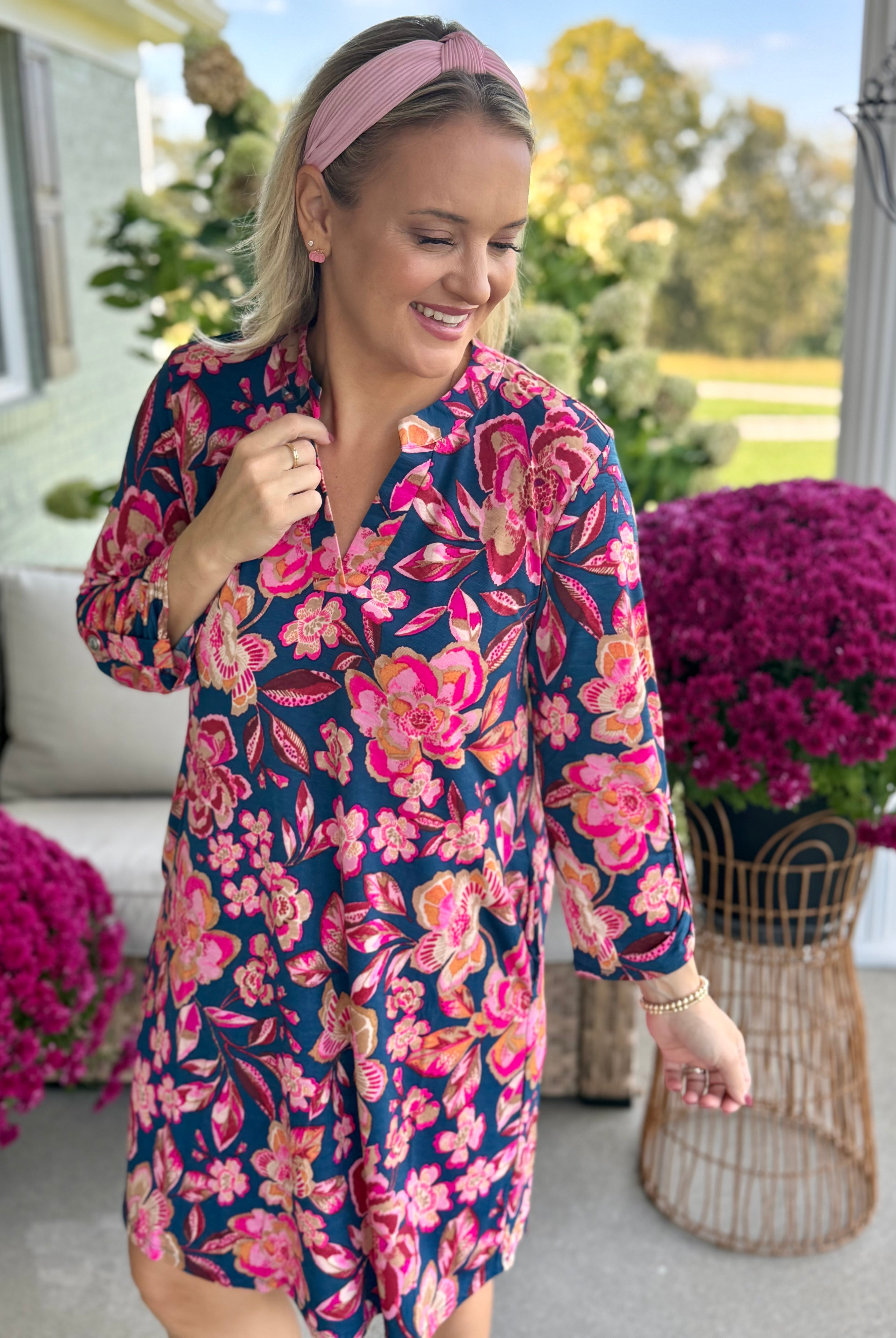 Everly Essential Dress - Pink & Teal Print-180 Dresses-Donation Pink-The Lovely Closet, Women's Fashion Boutique in Alexandria, KY