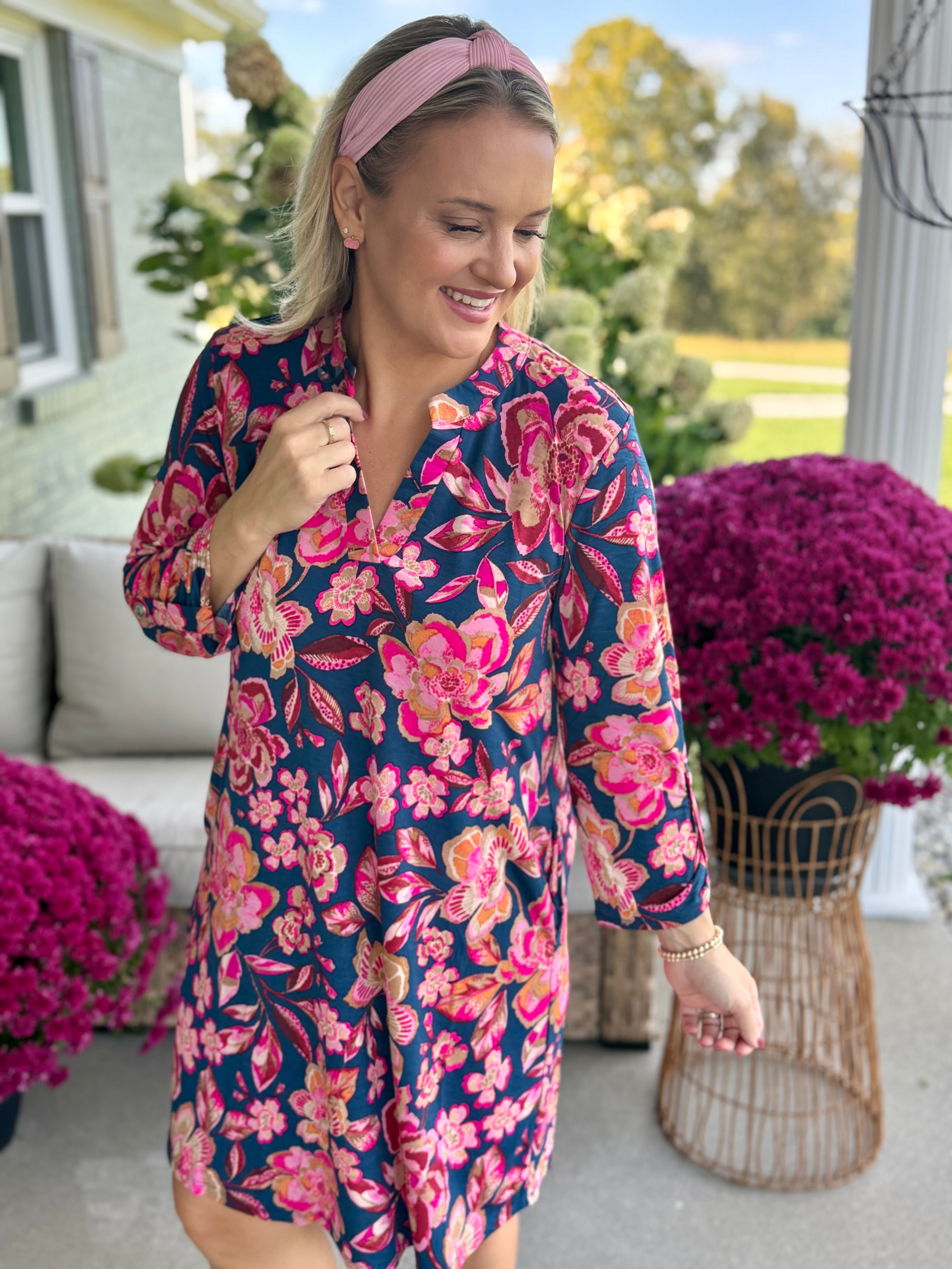 Everly Essential Dress - Pink & Teal Print-180 Dresses-Donation Pink-The Lovely Closet, Women's Fashion Boutique in Alexandria, KY