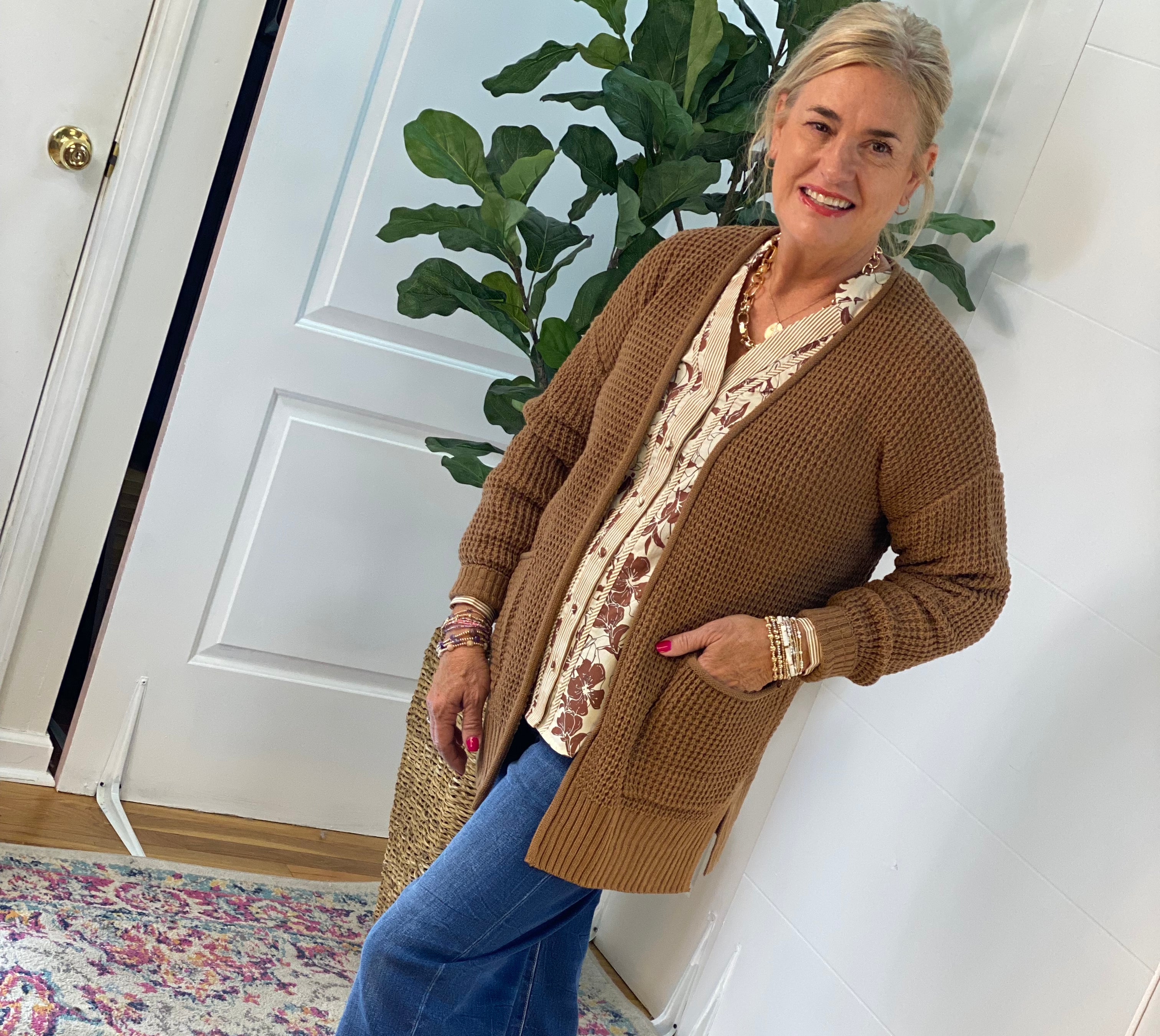 Waffle Knit Cardigan - Dark Camel-160 Cardigan/Kimonos-zenana-The Lovely Closet, Women's Fashion Boutique in Alexandria, KY