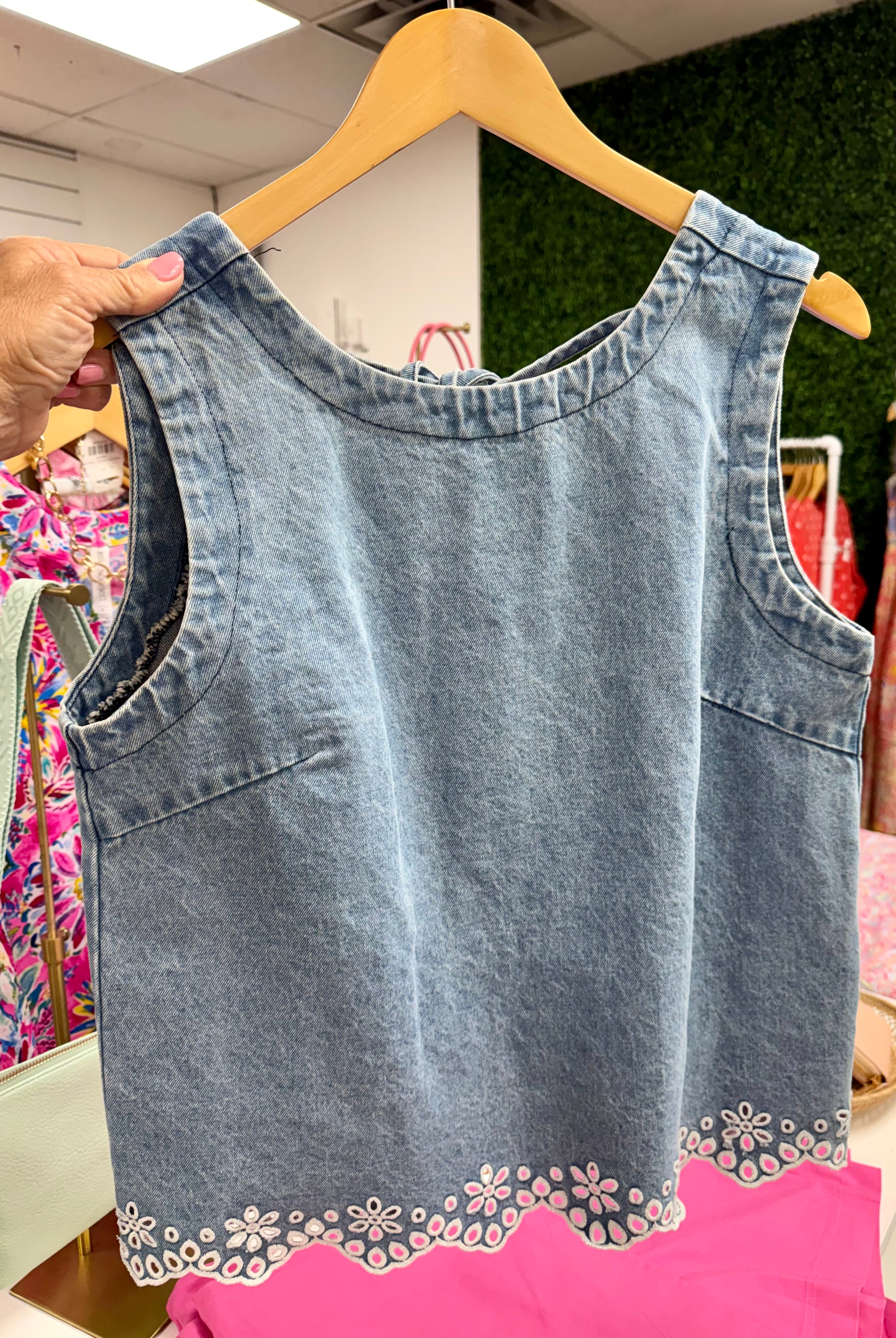 Denim Embroidered Sleeveless Top-120 Sleeveless Tops-Anniewear-The Lovely Closet, Women's Fashion Boutique in Alexandria, KY