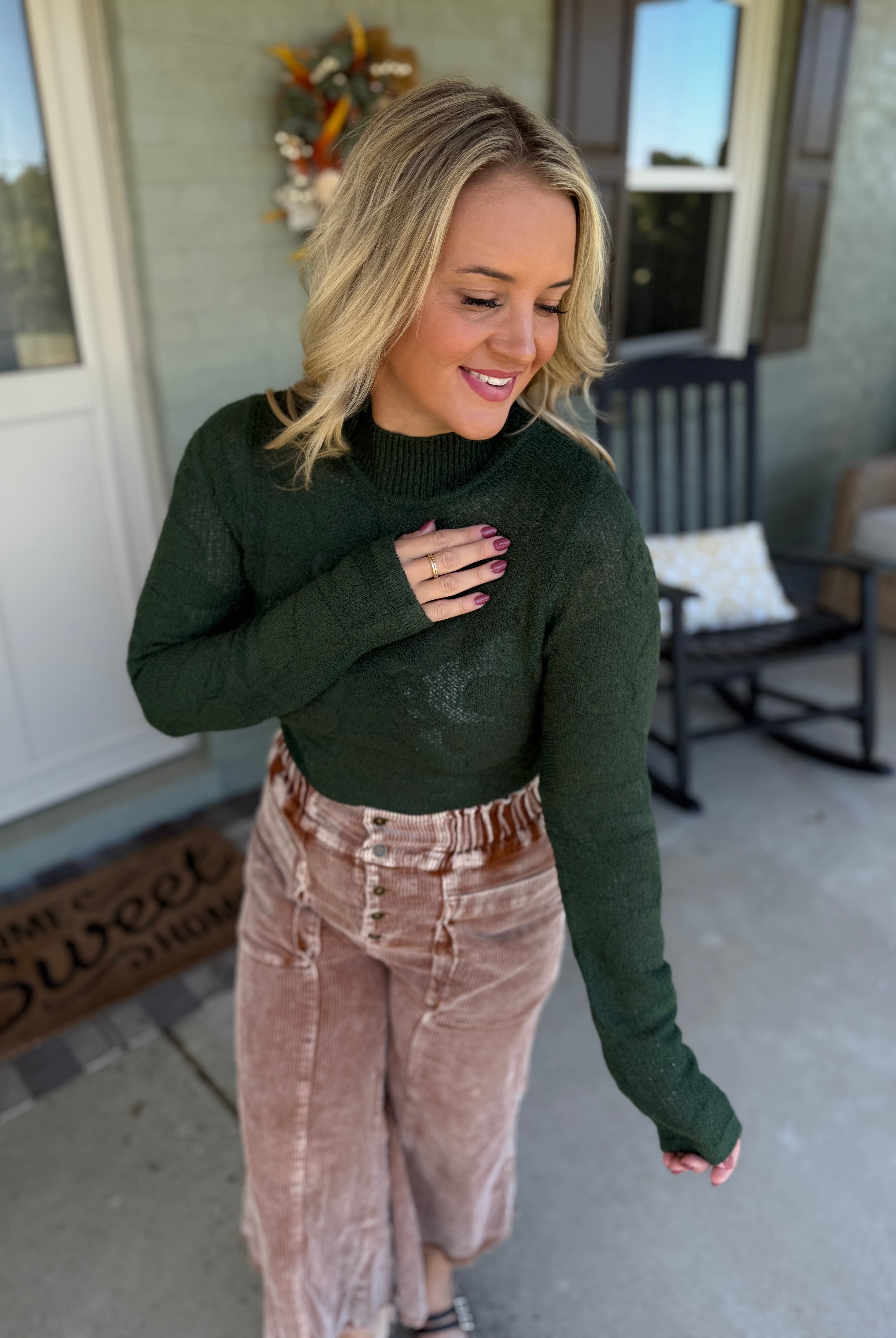 Harvest Moon Floral Jacquard Top - Hunter Green-110 Long Sleeve Top-Anniewear-The Lovely Closet, Women's Fashion Boutique in Alexandria, KY