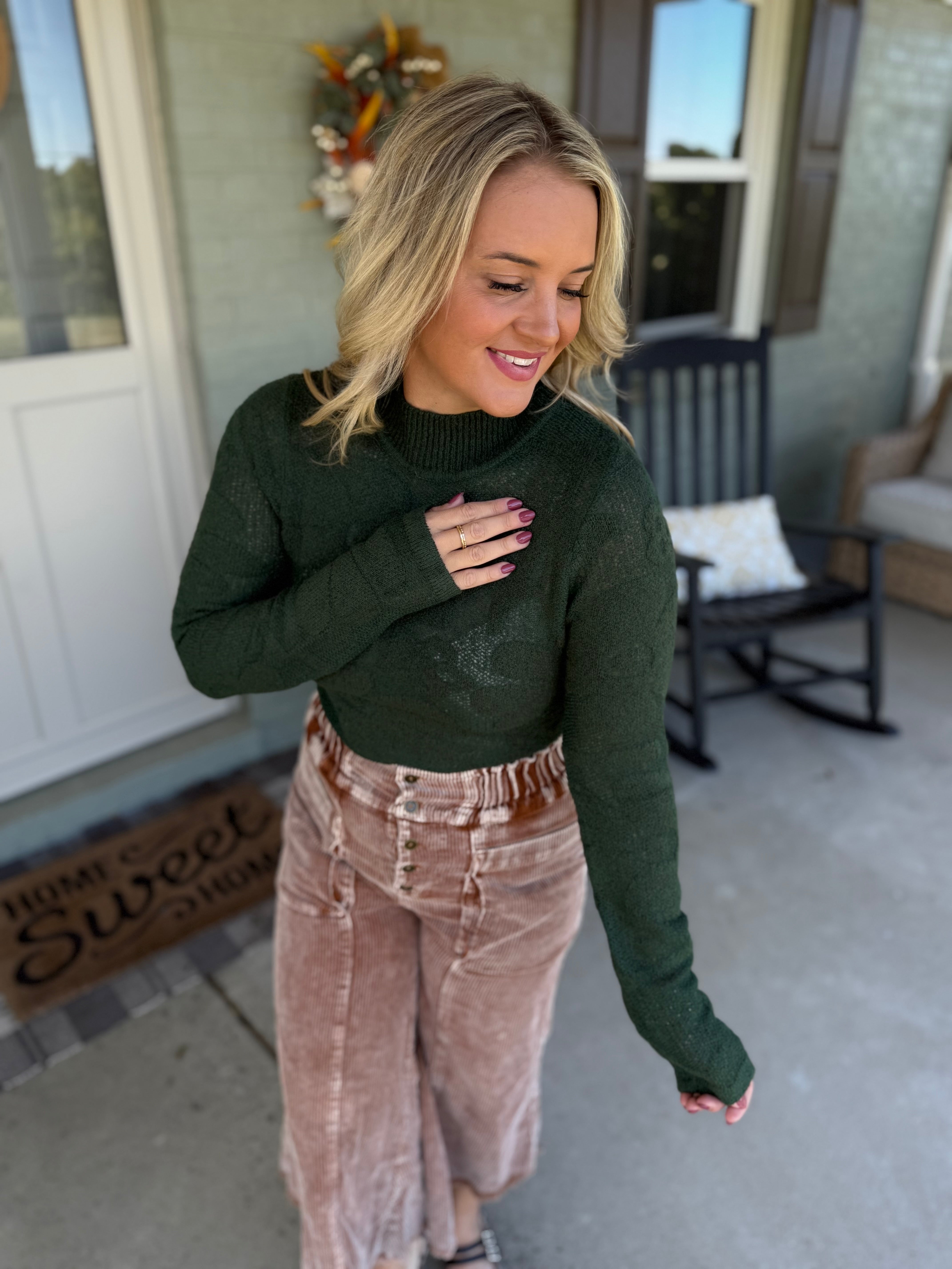 Harvest Moon Floral Jacquard Top - Hunter Green-110 Long Sleeve Top-Anniewear-The Lovely Closet, Women's Fashion Boutique in Alexandria, KY