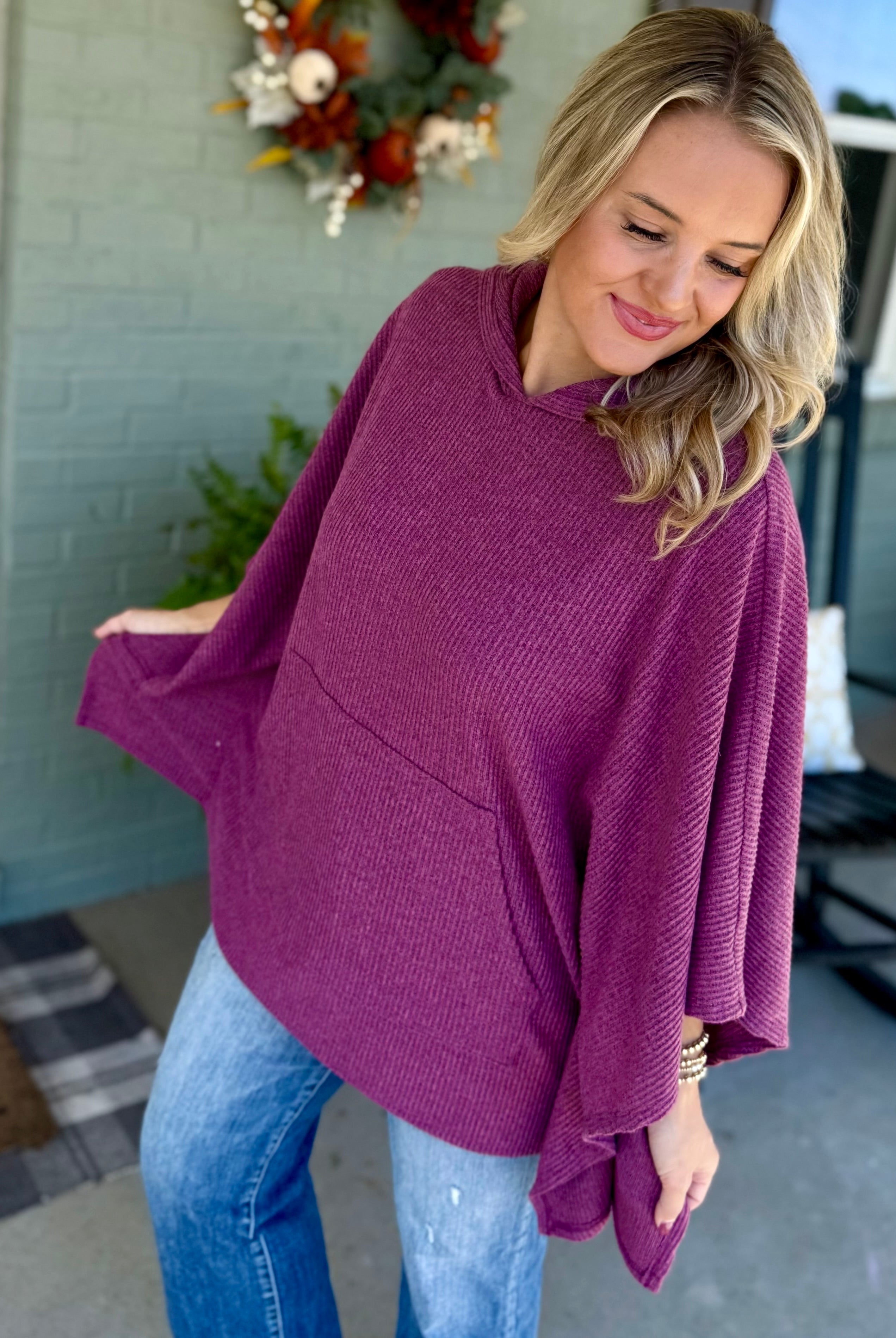FINAL SALE - Ribbed Knit Poncho Top - Mulberry-170 Jackets/Outerwear-Dear Scarlett-The Lovely Closet, Women's Fashion Boutique in Alexandria, KY