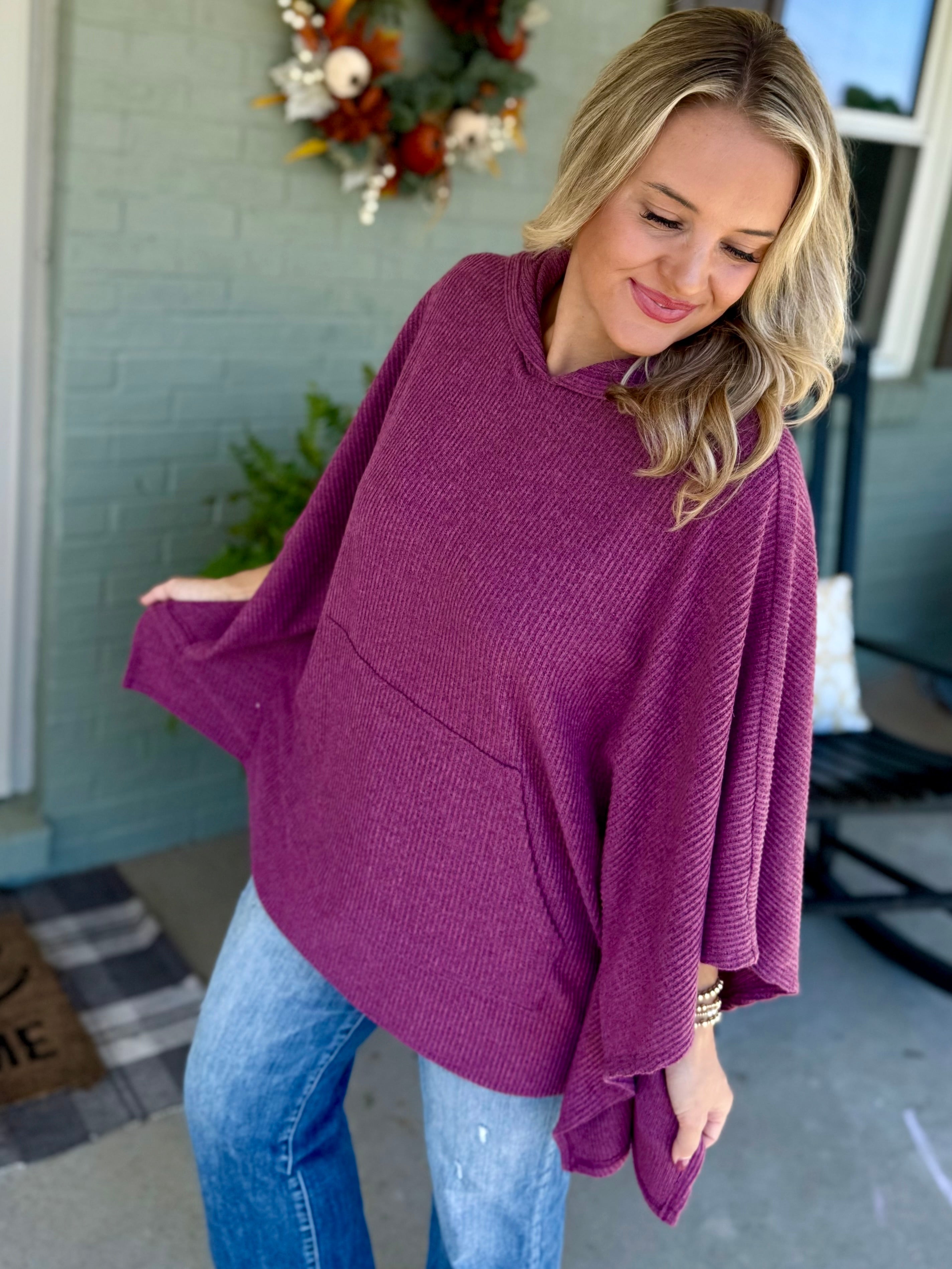 FINAL SALE - Ribbed Knit Poncho Top - Mulberry-170 Jackets/Outerwear-Dear Scarlett-The Lovely Closet, Women's Fashion Boutique in Alexandria, KY
