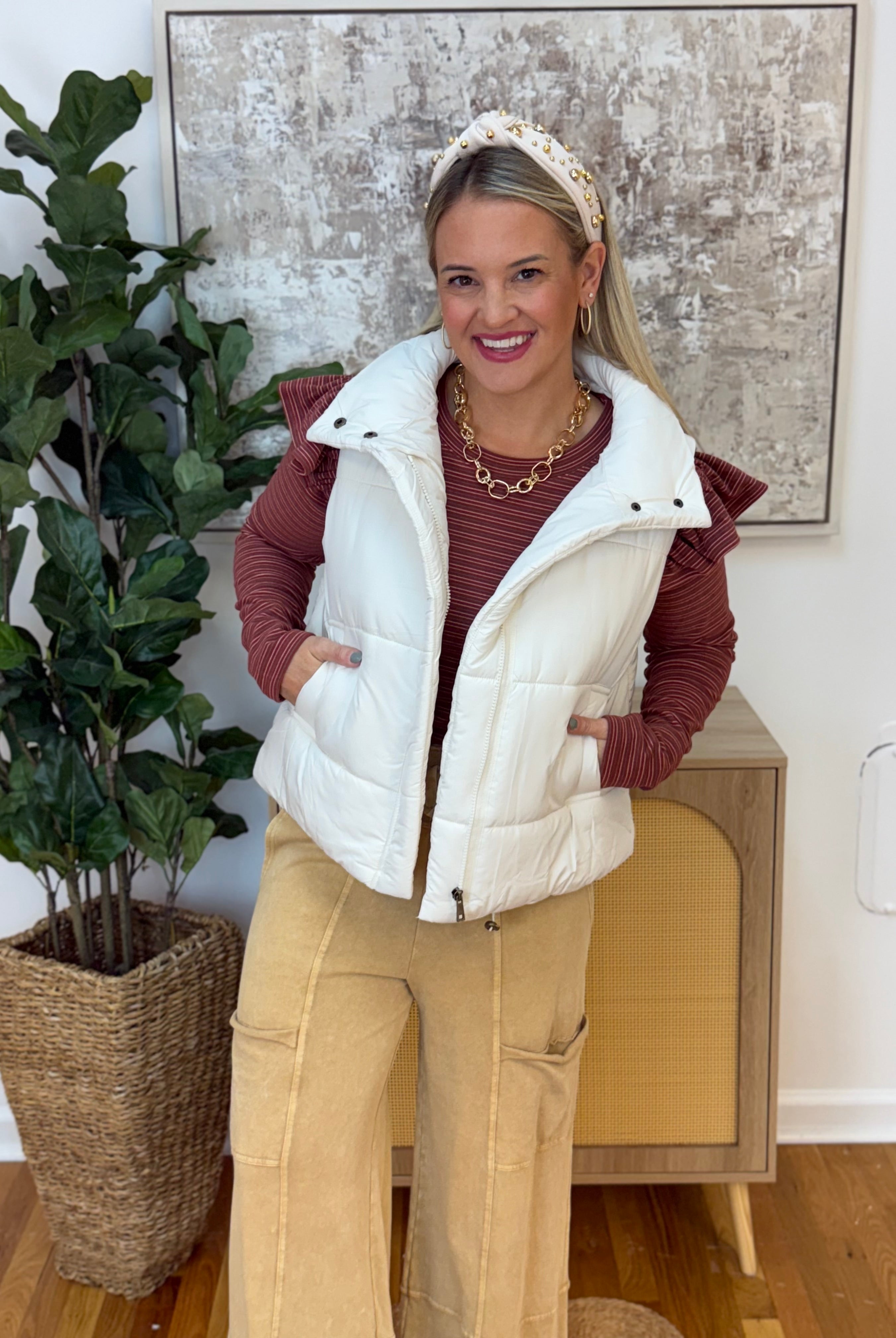 Weekend Puffer Vest - Cream-170 Jackets/Outerwear-zenana-The Lovely Closet, Women's Fashion Boutique in Alexandria, KY