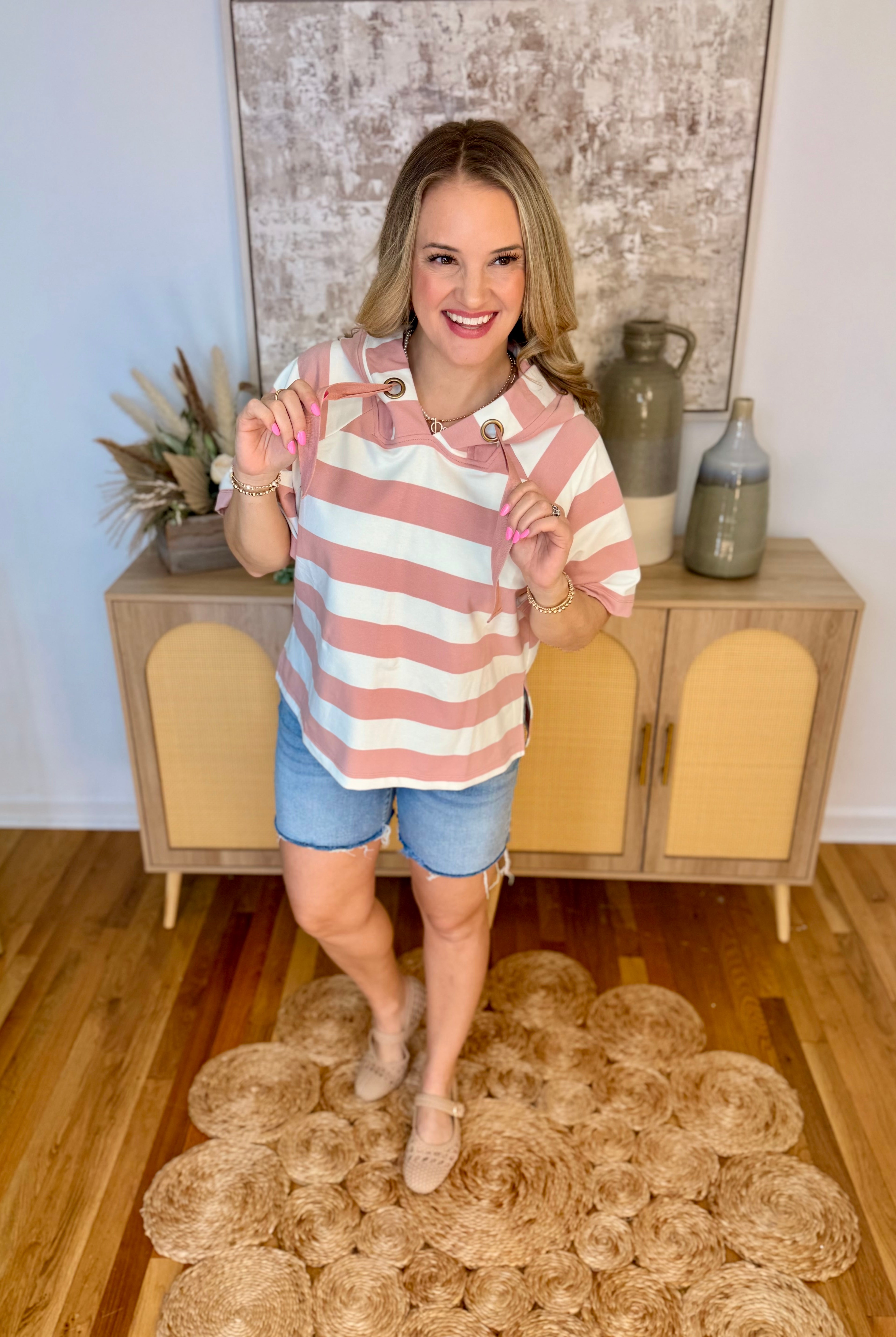 Let it be Spring Striped Hooded Top - Pink-100 Short Sleeve Tops-Doe and Rae-The Lovely Closet, Women's Fashion Boutique in Alexandria, KY