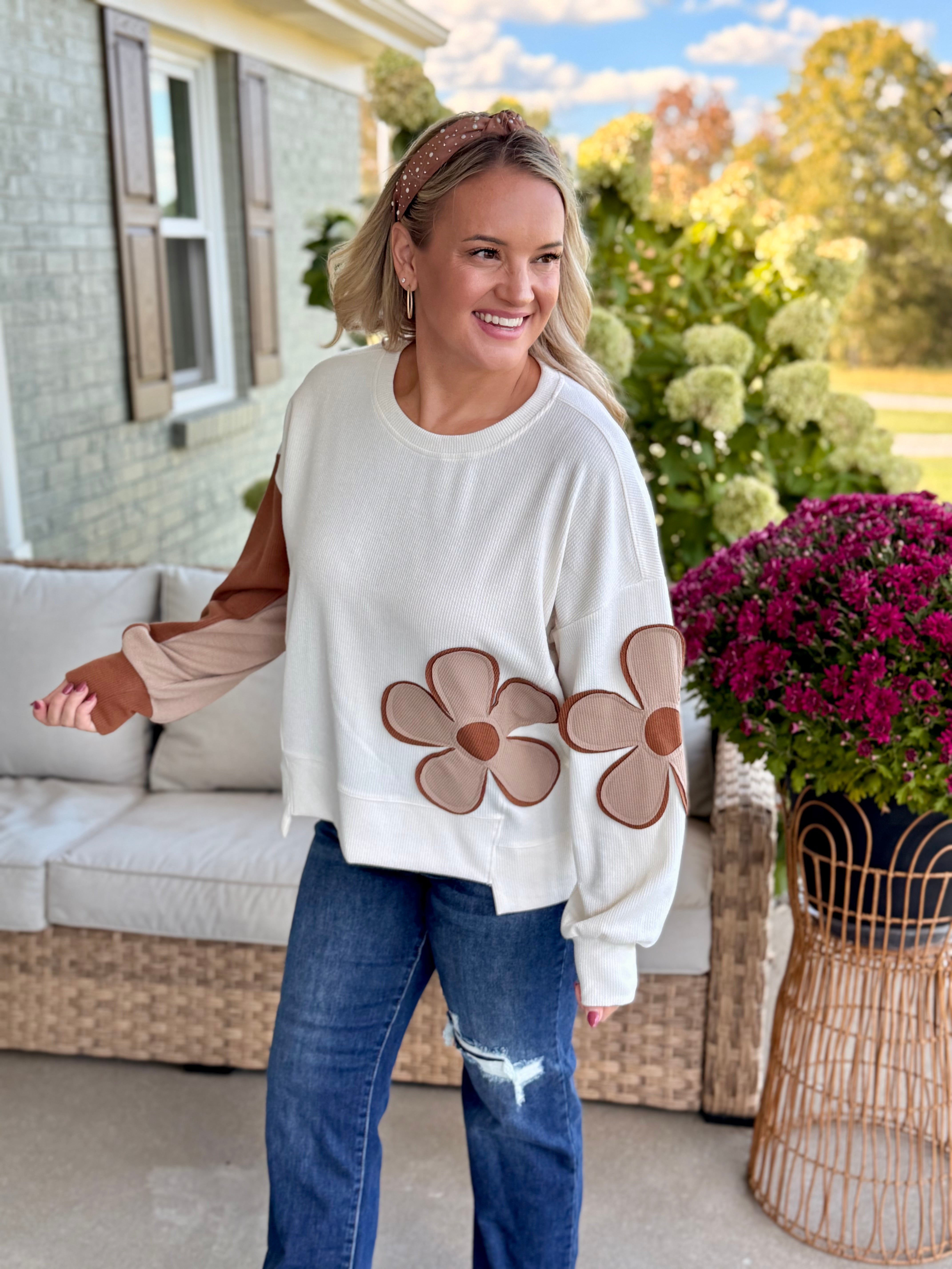 Ribbed Patchwork Flower Top-110 Long Sleeve Top-bibi-The Lovely Closet, Women's Fashion Boutique in Alexandria, KY