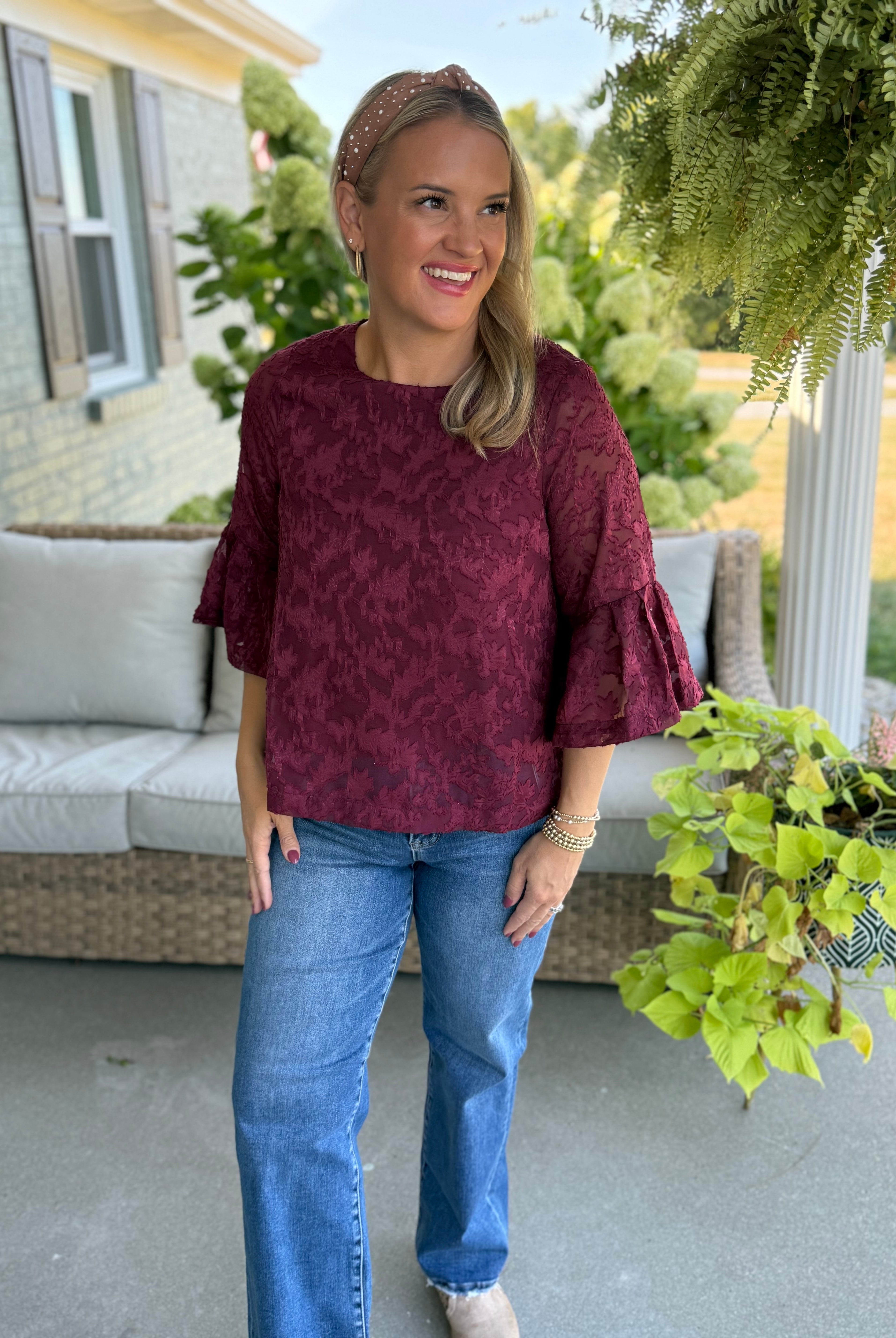 September Stroll Jacquard Bell Sleeve Chiffon Blouse-100 Short Sleeve Tops-Anniewear-The Lovely Closet, Women's Fashion Boutique in Alexandria, KY