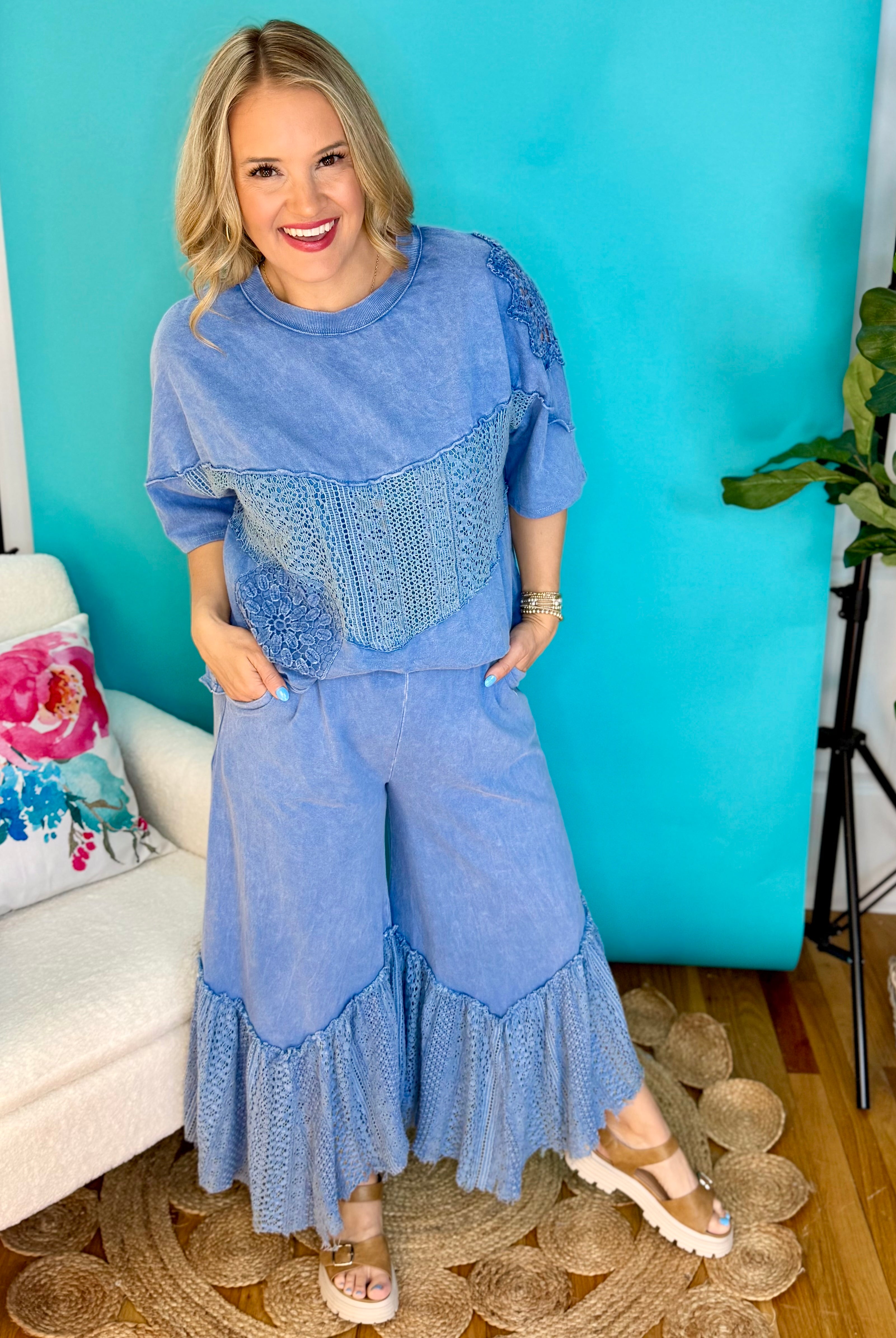 Lace Cropped Pants - Blue-240 Pants-J.Her-The Lovely Closet, Women's Fashion Boutique in Alexandria, KY