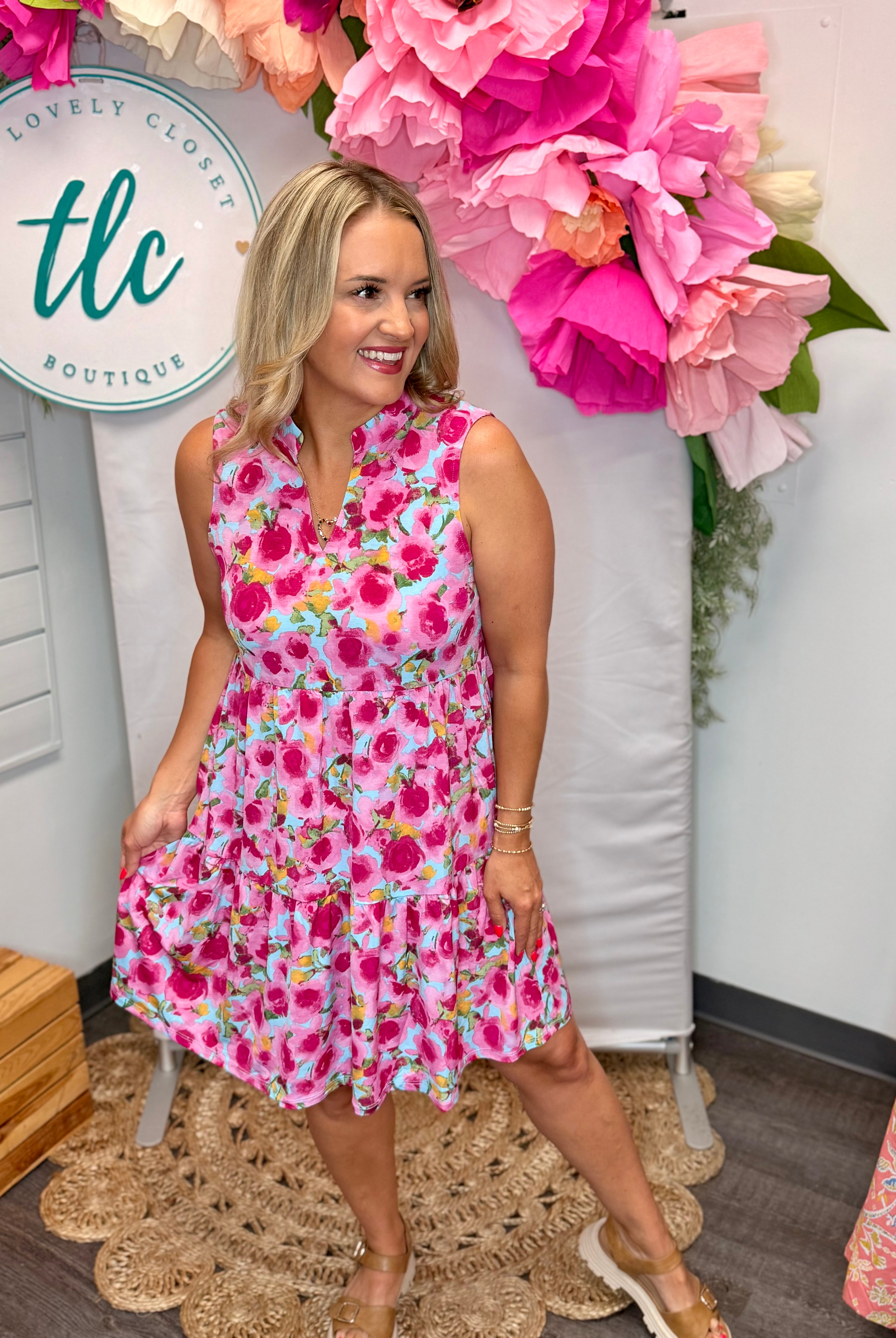 Pink Roses Lizzy Dress-180 Dresses-Dear Scarlett-The Lovely Closet, Women's Fashion Boutique in Alexandria, KY