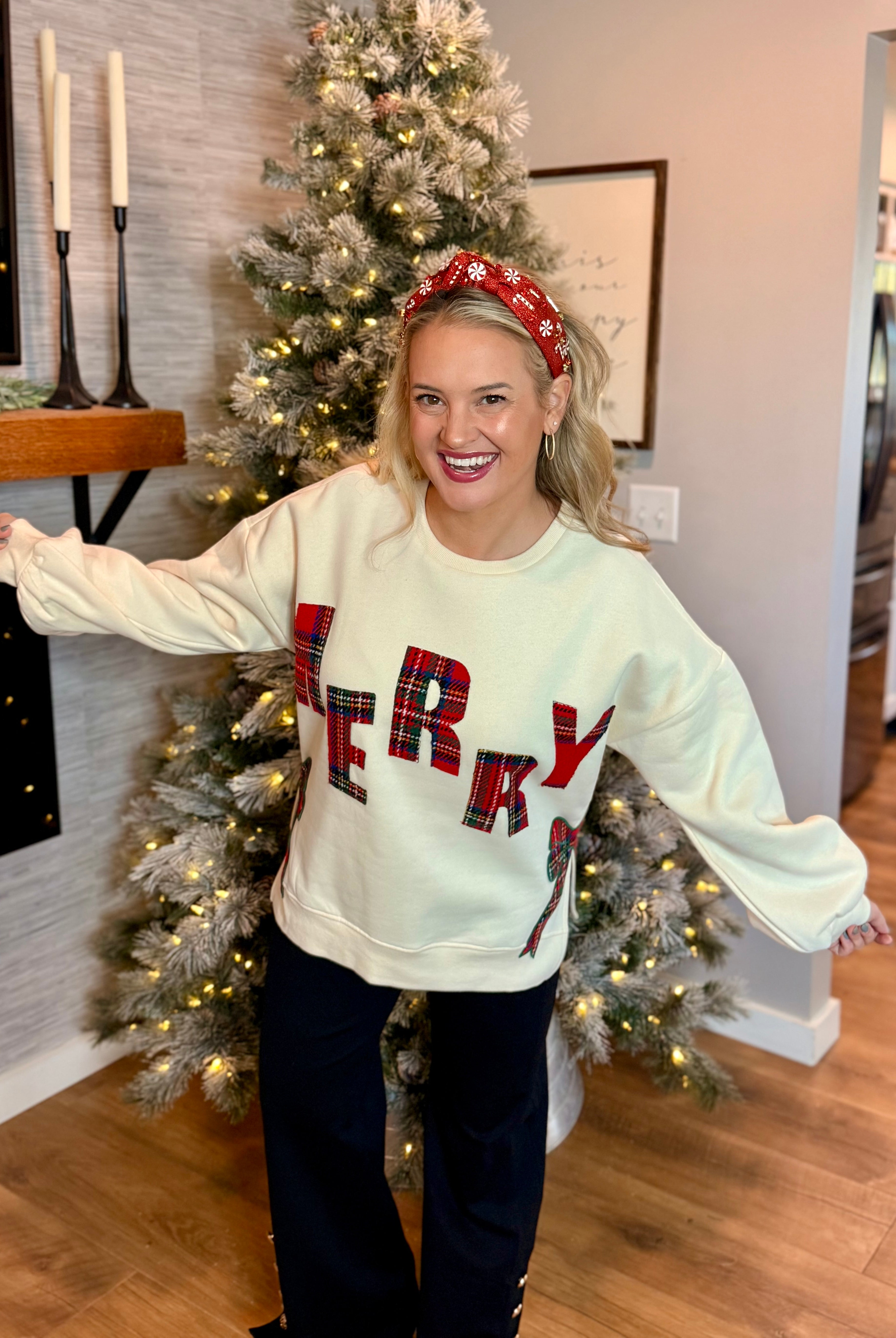 Plaid Merry Applique Pullover-110 Long Sleeve Top-Bibi-The Lovely Closet, Women's Fashion Boutique in Alexandria, KY