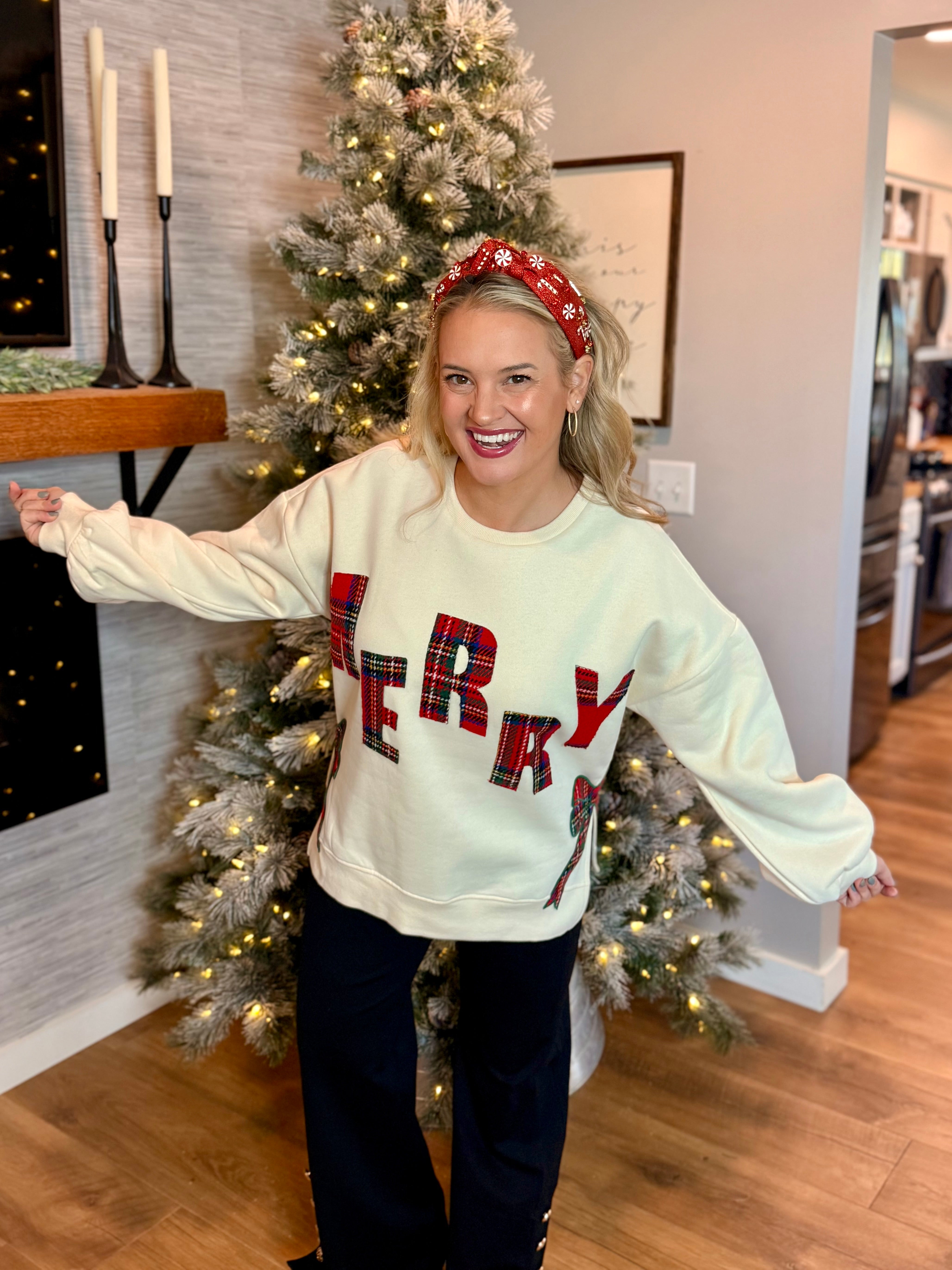 Plaid Merry Applique Pullover-110 Long Sleeve Top-Bibi-The Lovely Closet, Women's Fashion Boutique in Alexandria, KY