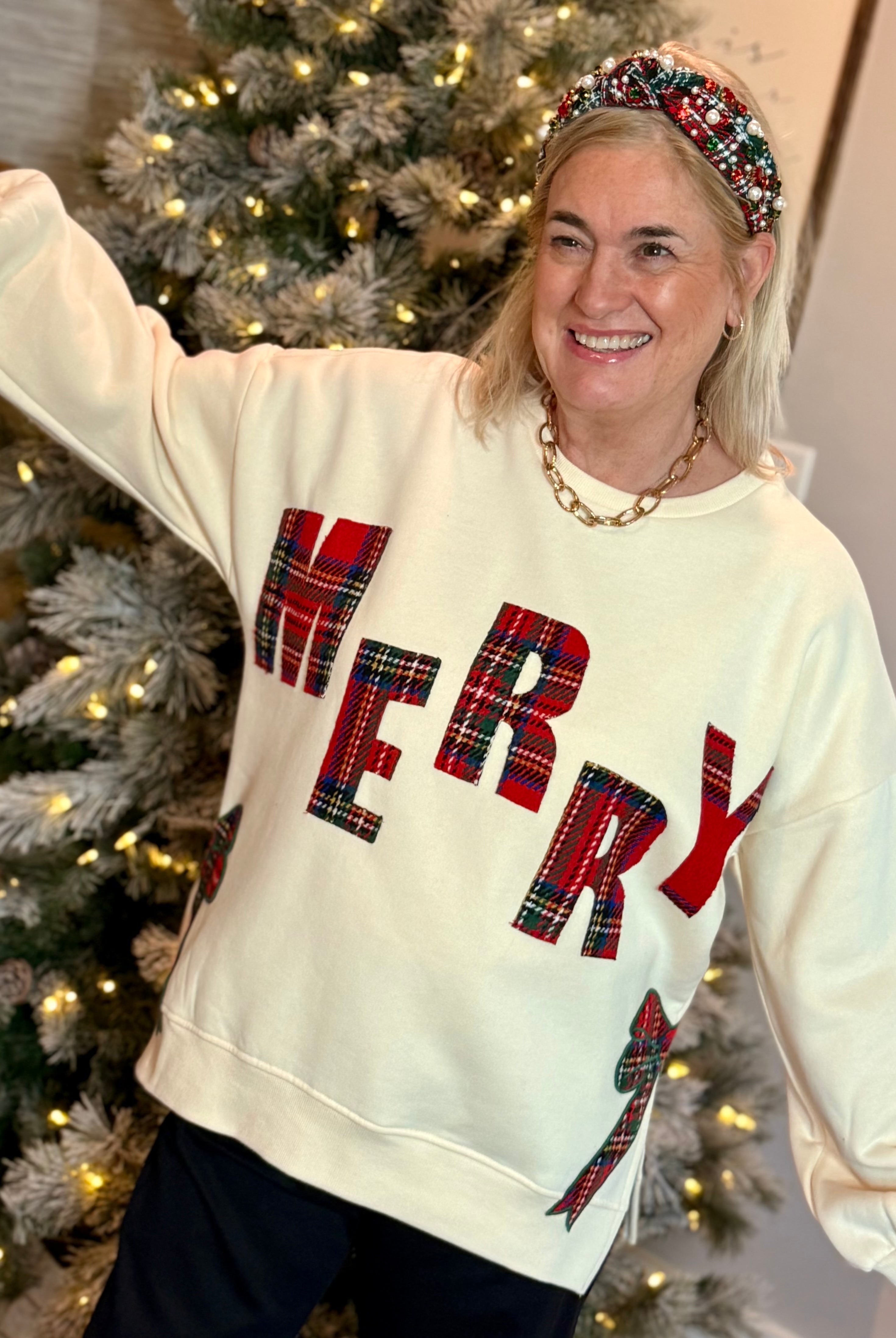 Plaid Merry Applique Pullover-110 Long Sleeve Top-Bibi-The Lovely Closet, Women's Fashion Boutique in Alexandria, KY