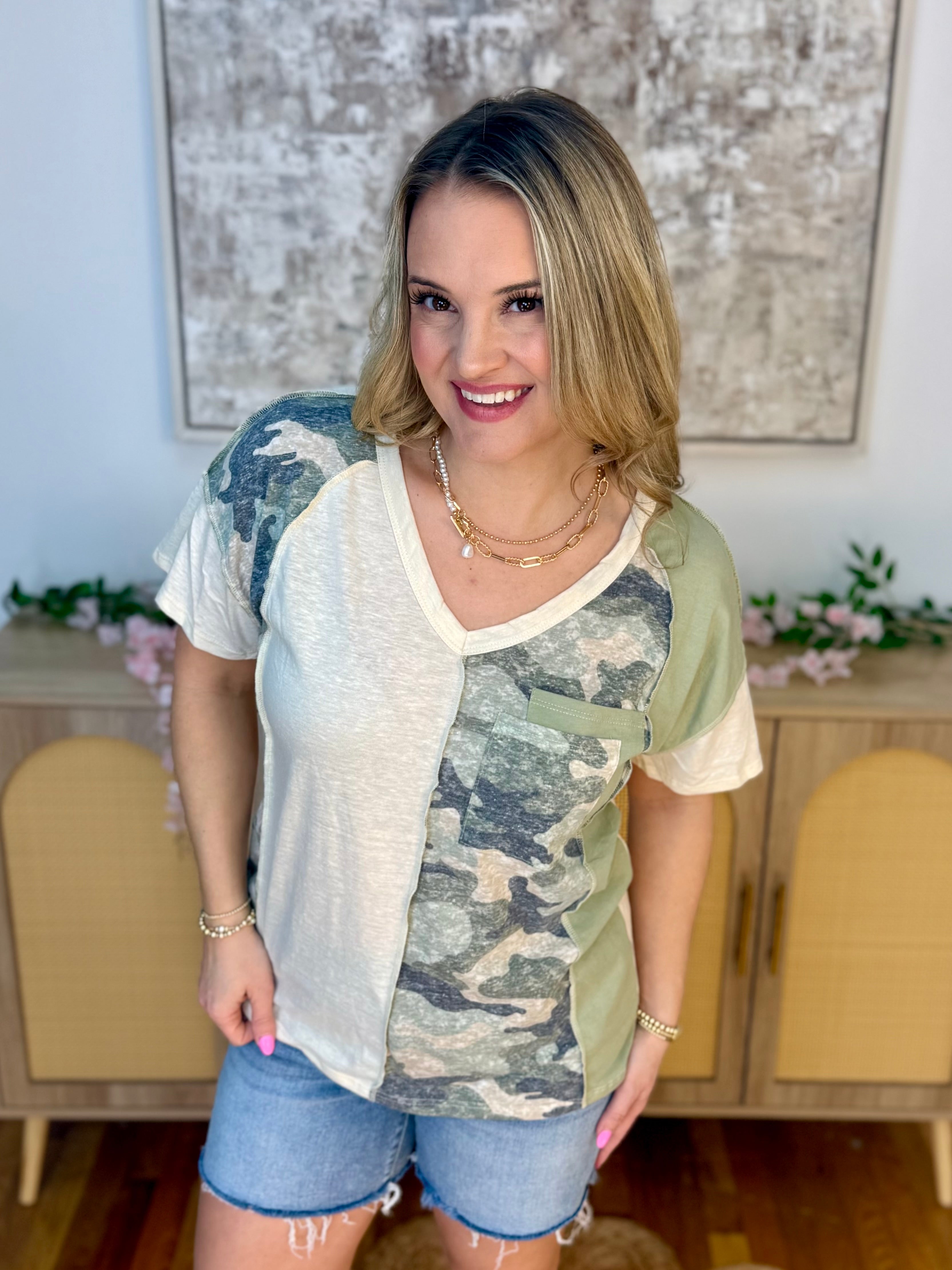 Spring Camo V-Neck Top-100 Short Sleeve Tops-bibi-The Lovely Closet, Women's Fashion Boutique in Alexandria, KY