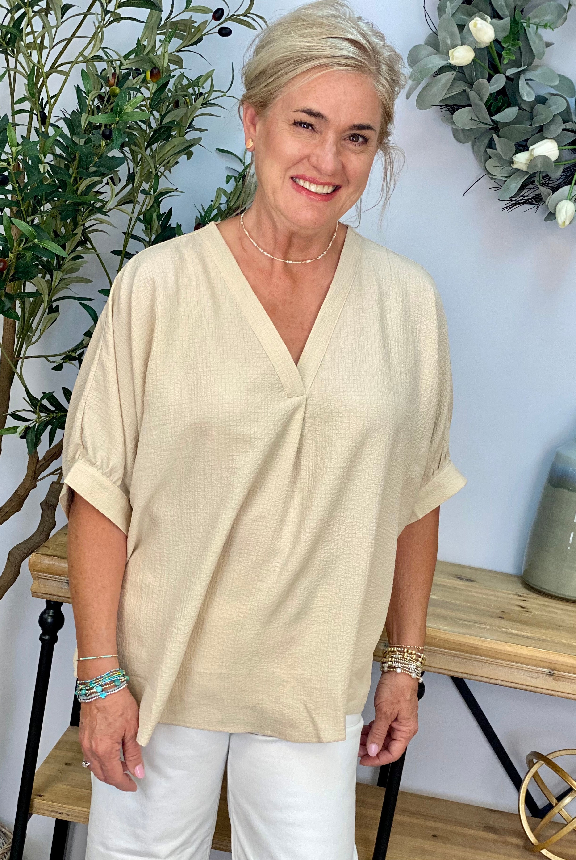 Sweet & Simple V-Neck Top - Sand-100 Short Sleeve Tops-The Lovely Closet-The Lovely Closet, Women's Fashion Boutique in Alexandria, KY