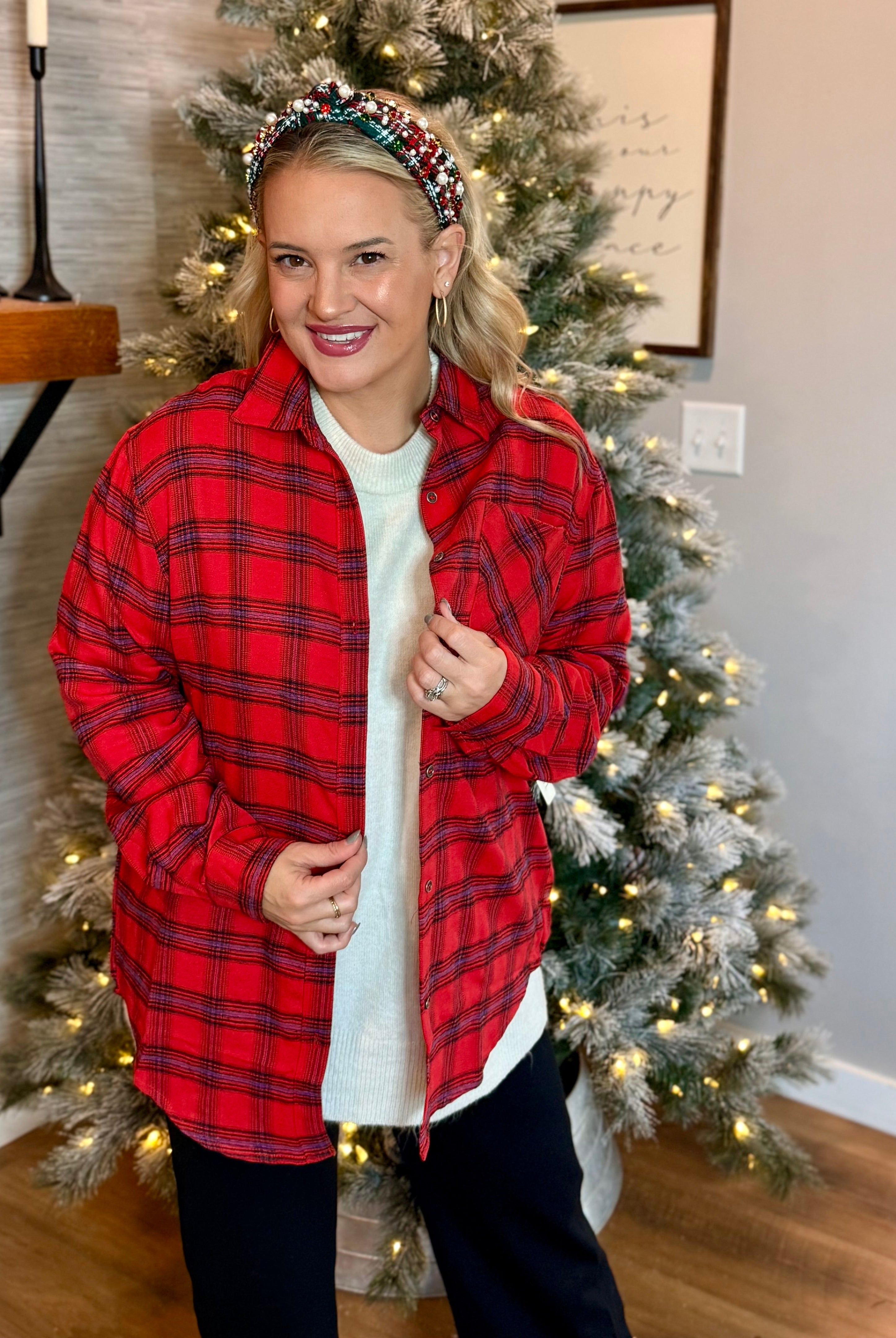Button Down Plaid Shirt - Red-110 Long Sleeve Top-La Miel-The Lovely Closet, Women's Fashion Boutique in Alexandria, KY