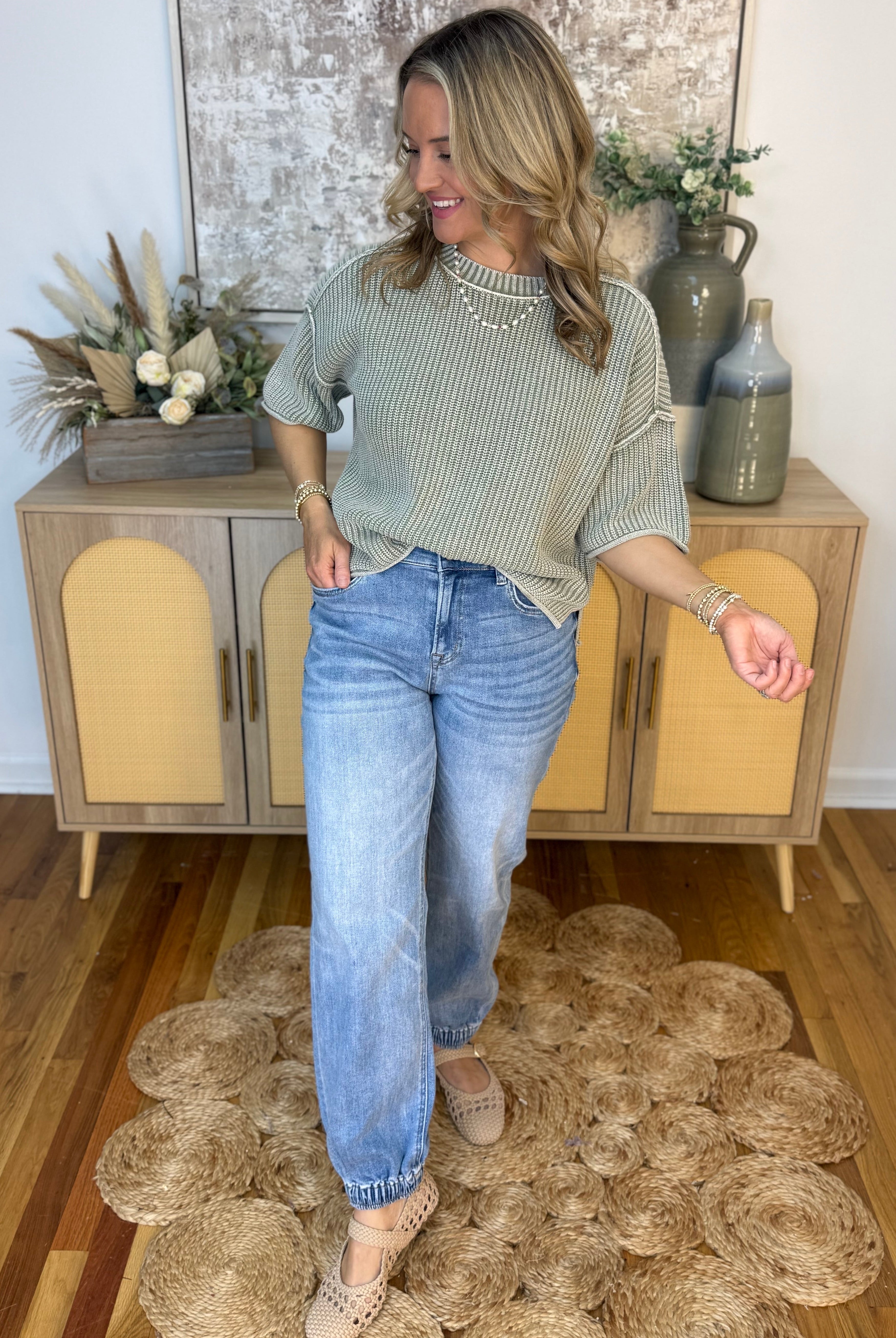 Let's Getaway Short Sleeve Sweater - Sage-100 Short Sleeve Tops-Blu Pepper-The Lovely Closet, Women's Fashion Boutique in Alexandria, KY