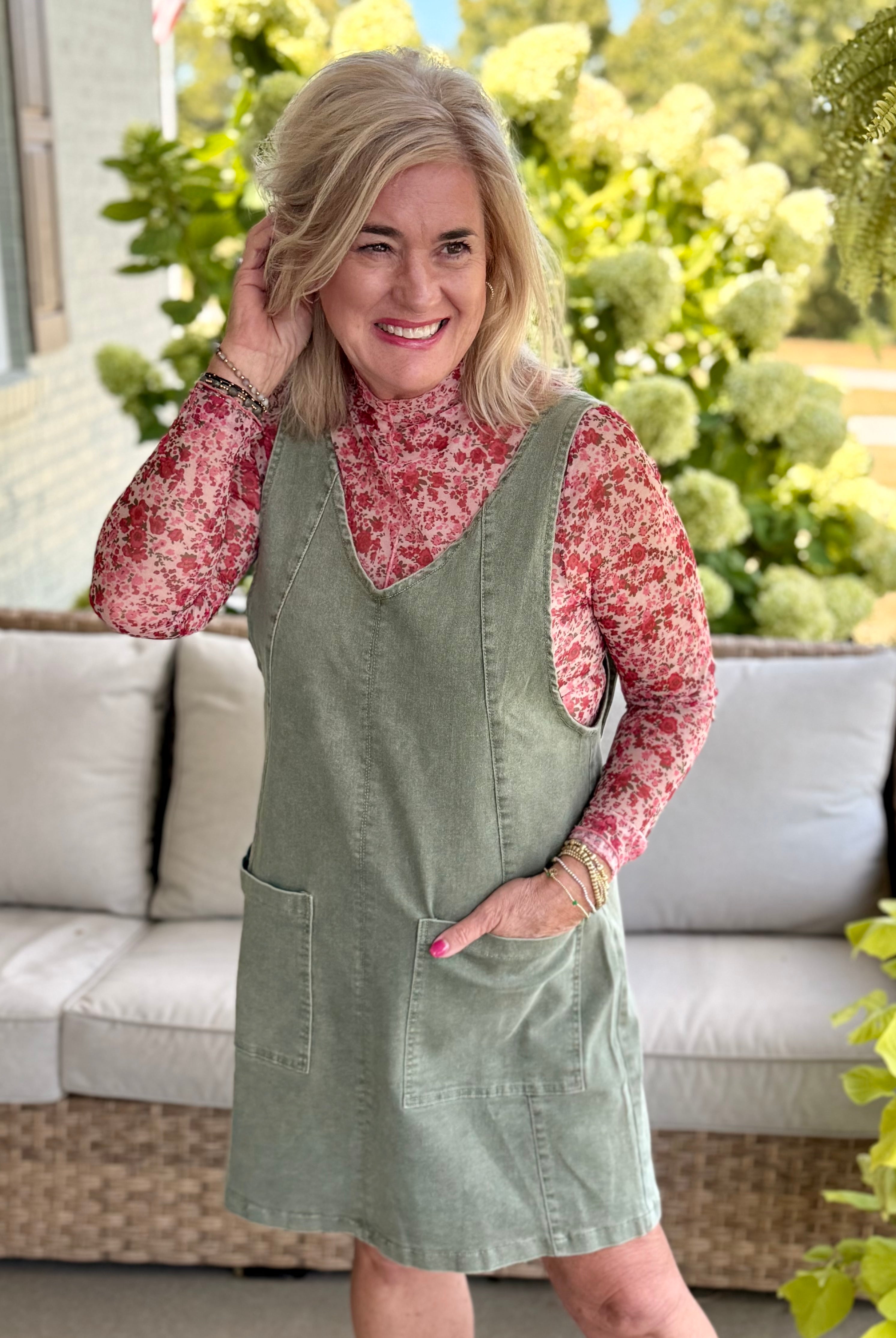 Maple Lane Overall Mini Dress - Olive-180 Dresses-Anniewear-The Lovely Closet, Women's Fashion Boutique in Alexandria, KY