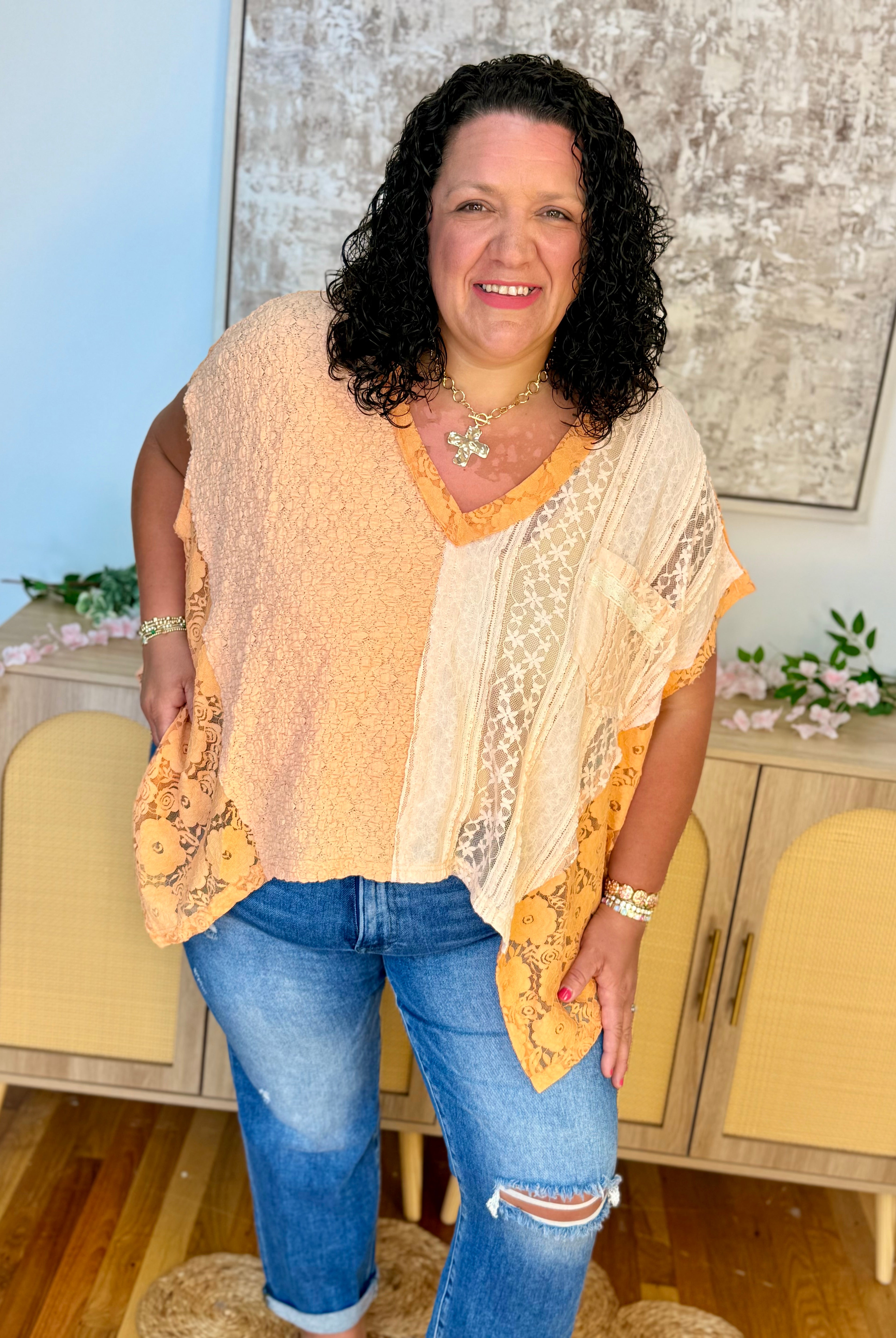 Lace Patchwork Oversized Top-100 Short Sleeve Tops-Pol Clothing-The Lovely Closet, Women's Fashion Boutique in Alexandria, KY