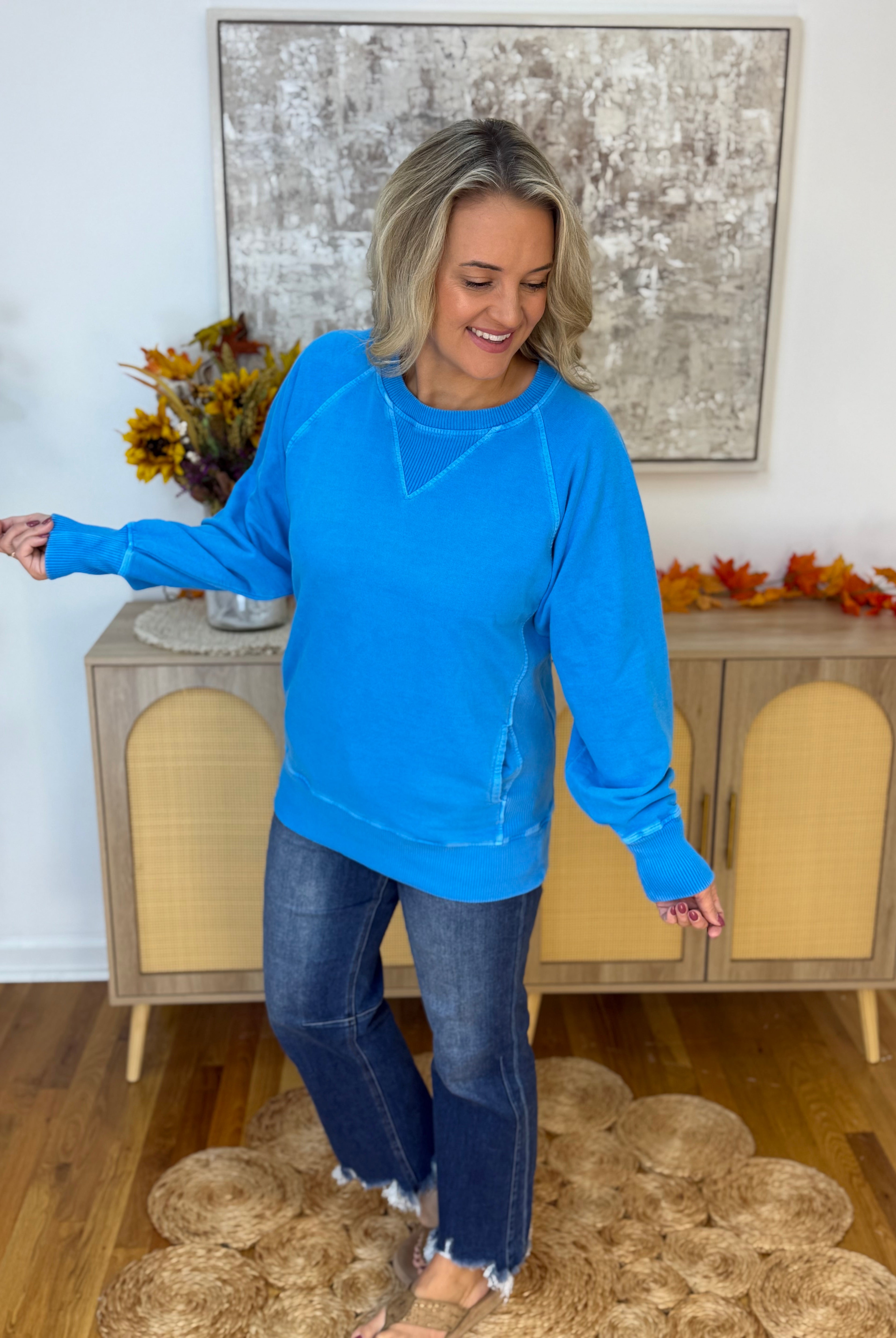 Keeping it Casual Pullover 2025 - Ocean Blue-150 Sweatshirts-zenana-The Lovely Closet, Women's Fashion Boutique in Alexandria, KY