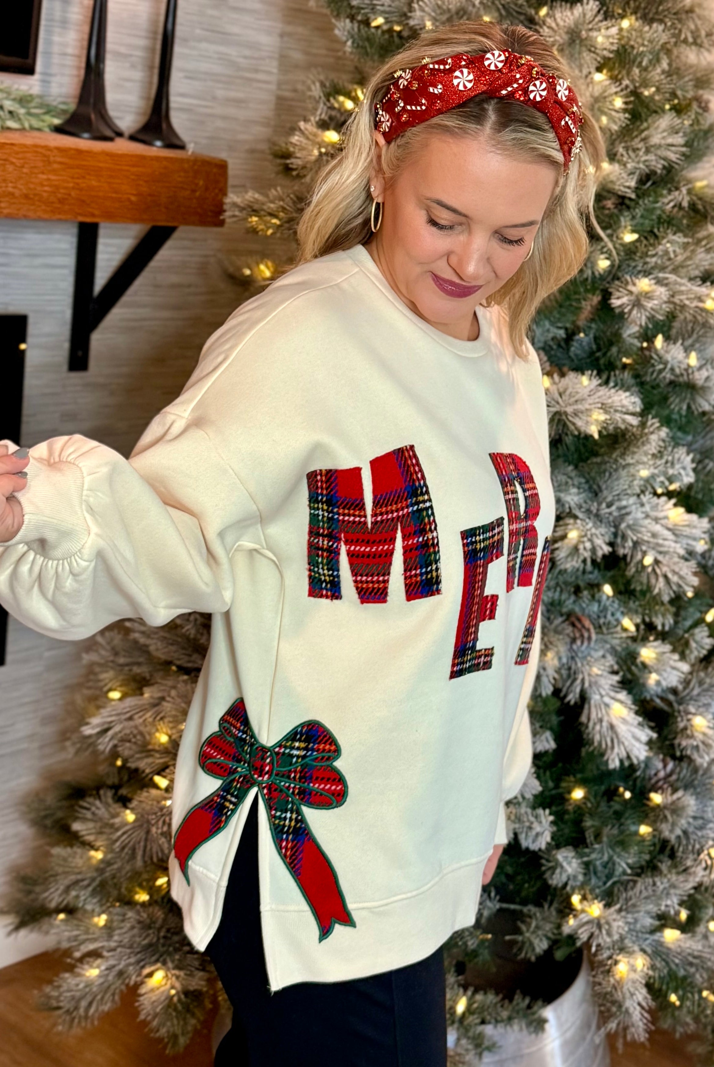 Plaid Merry Applique Pullover-110 Long Sleeve Top-Bibi-The Lovely Closet, Women's Fashion Boutique in Alexandria, KY