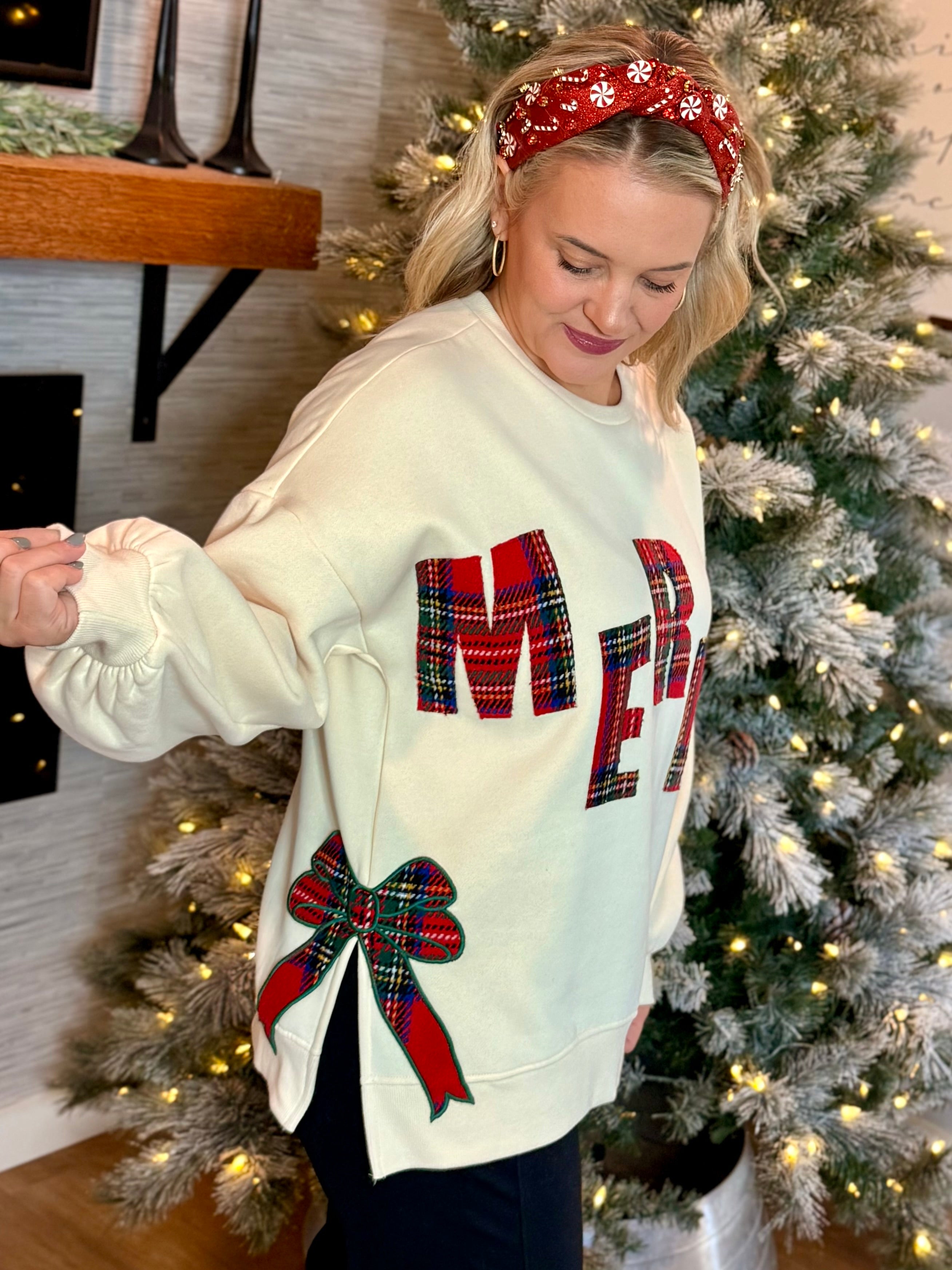 Plaid Merry Applique Pullover-110 Long Sleeve Top-Bibi-The Lovely Closet, Women's Fashion Boutique in Alexandria, KY