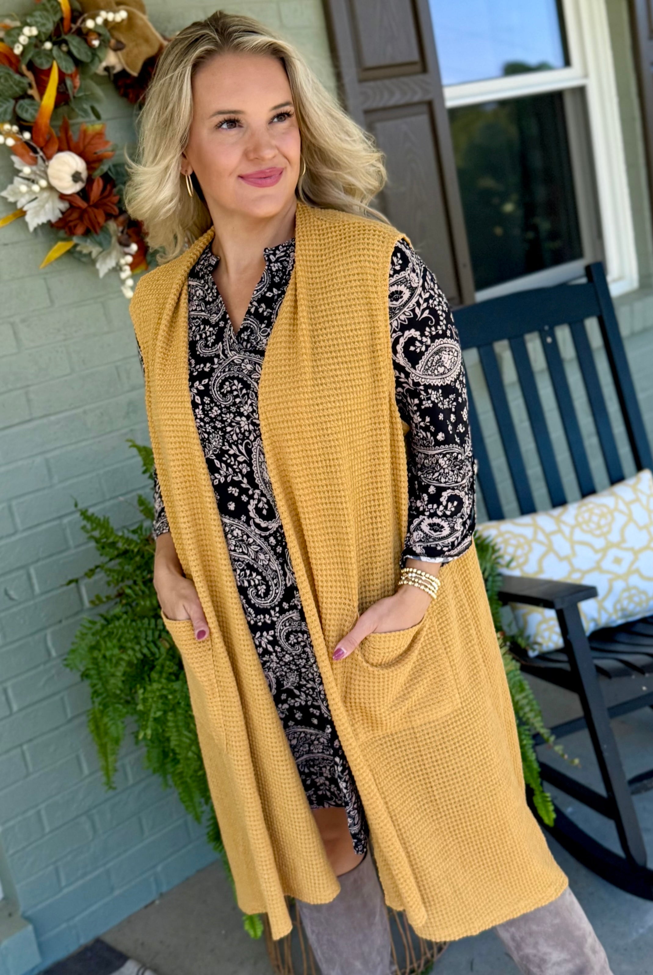 FINAL SALE - Chill in the Air Midi Vest - Marigold-160 Cardigan/Kimonos-Dear Scarlett-The Lovely Closet, Women's Fashion Boutique in Alexandria, KY