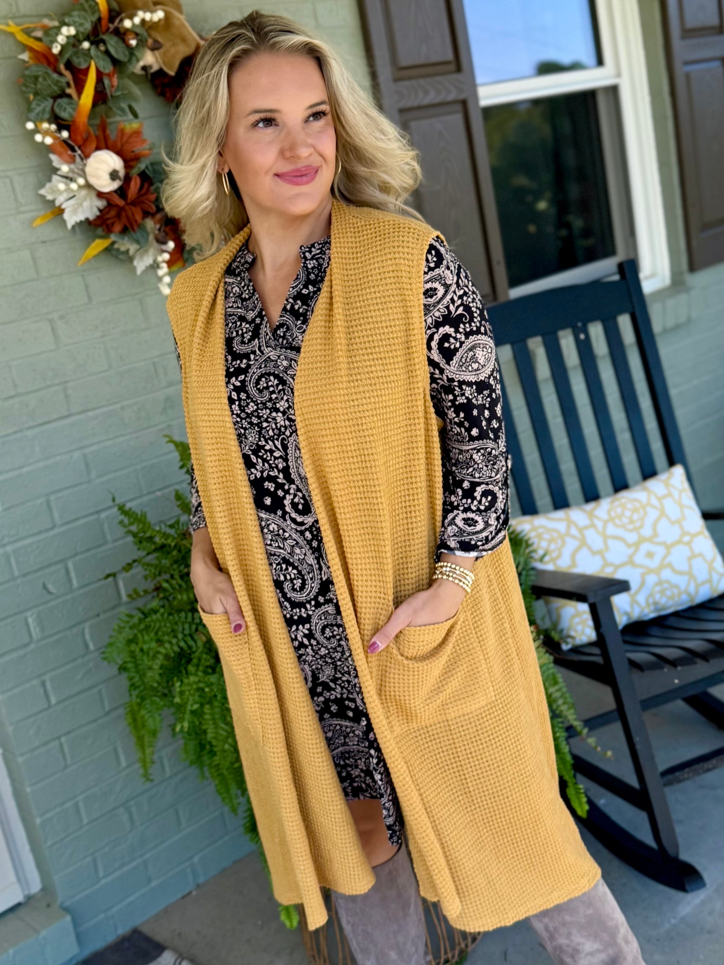 FINAL SALE - Chill in the Air Midi Vest - Marigold-160 Cardigan/Kimonos-Dear Scarlett-The Lovely Closet, Women's Fashion Boutique in Alexandria, KY