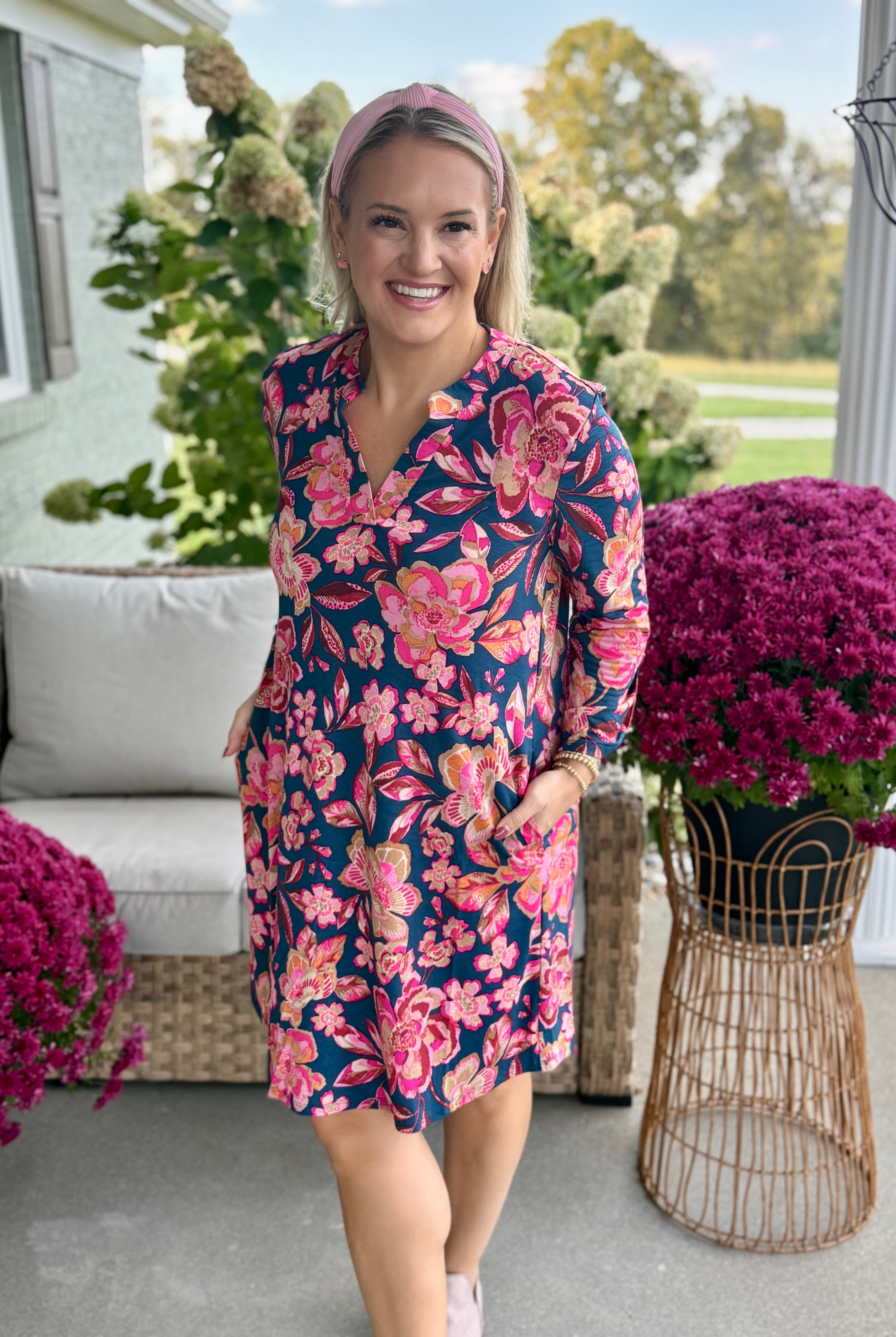 Everly Essential Dress - Pink & Teal Print-180 Dresses-Donation Pink-The Lovely Closet, Women's Fashion Boutique in Alexandria, KY