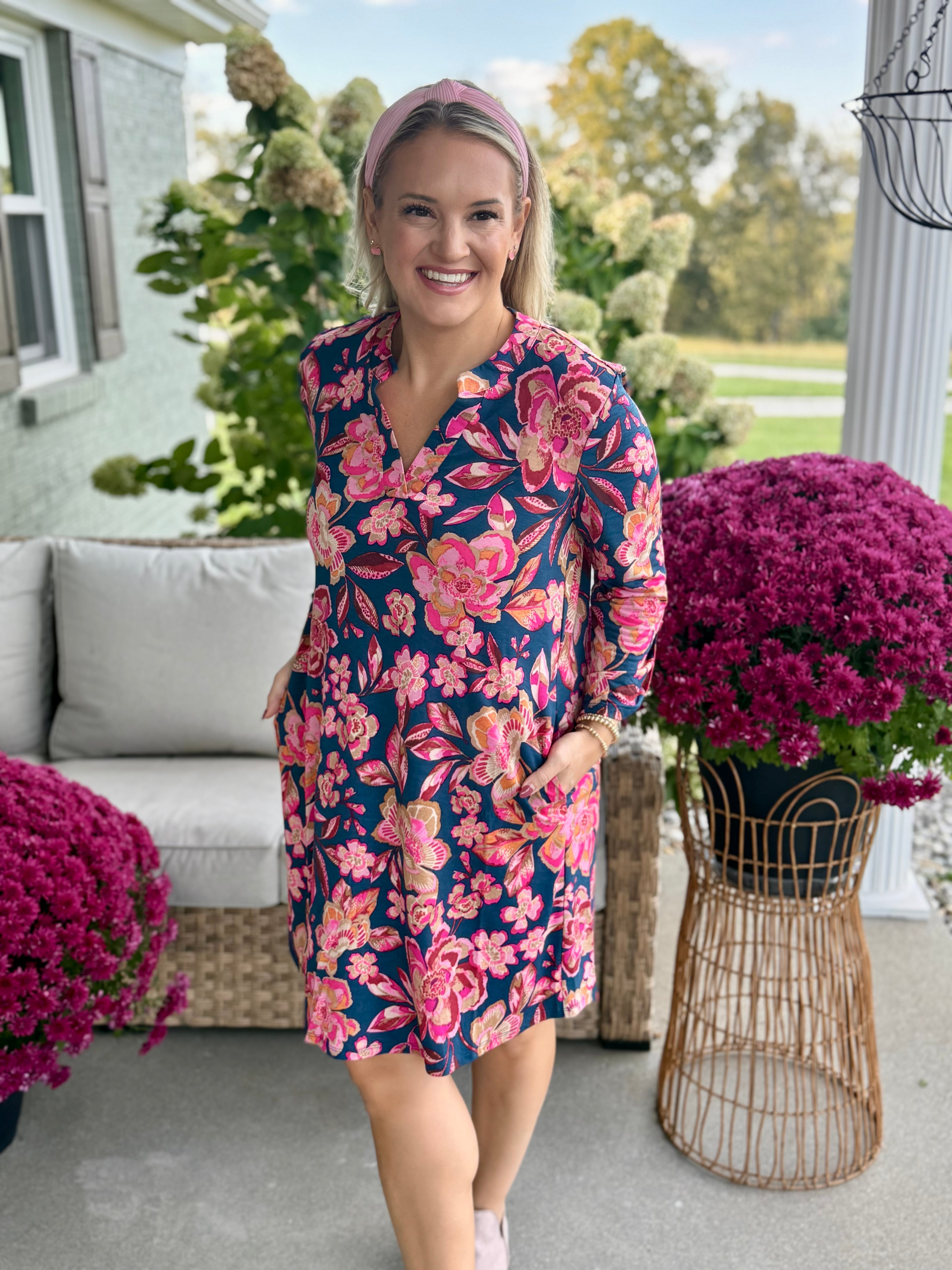 Everly Essential Dress - Pink & Teal Print-180 Dresses-Donation Pink-The Lovely Closet, Women's Fashion Boutique in Alexandria, KY