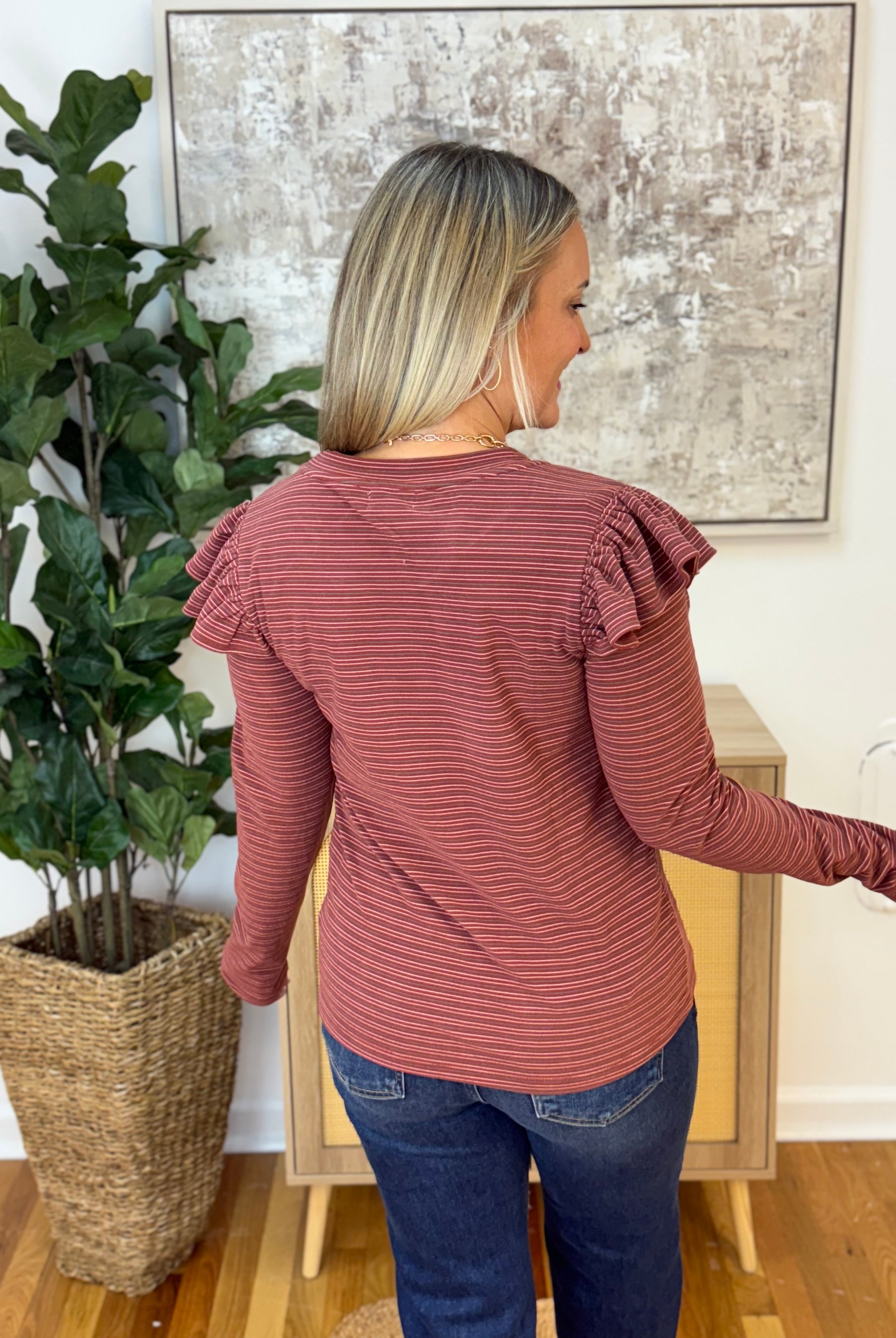 Brushed Stripe Ruffle Shoulder Top-110 Long Sleeve Top-Anniewear-The Lovely Closet, Women's Fashion Boutique in Alexandria, KY