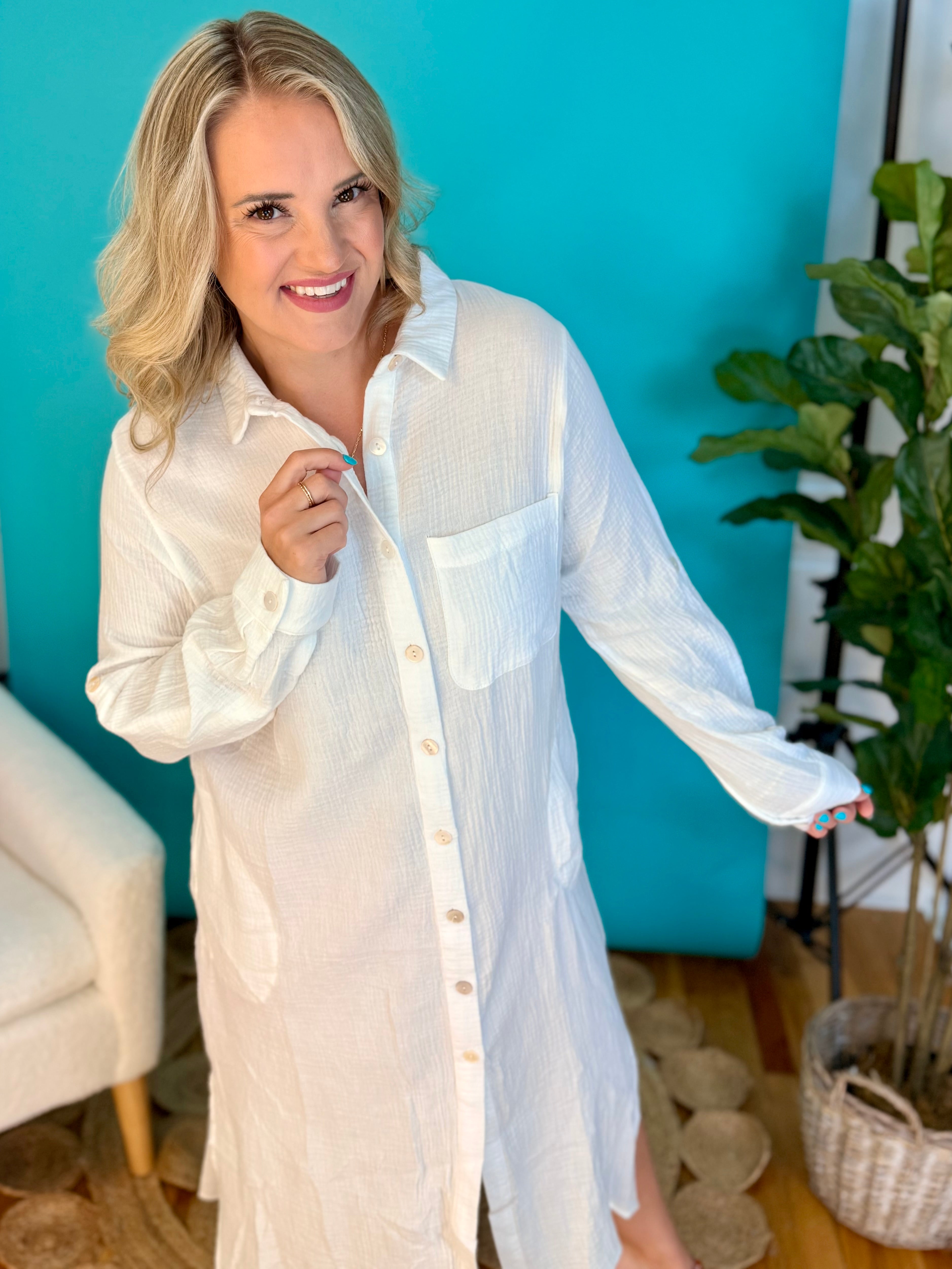 Breathable Cotton Button-Down Duster-110 Long Sleeve Top-Dear Scarlett-The Lovely Closet, Women's Fashion Boutique in Alexandria, KY