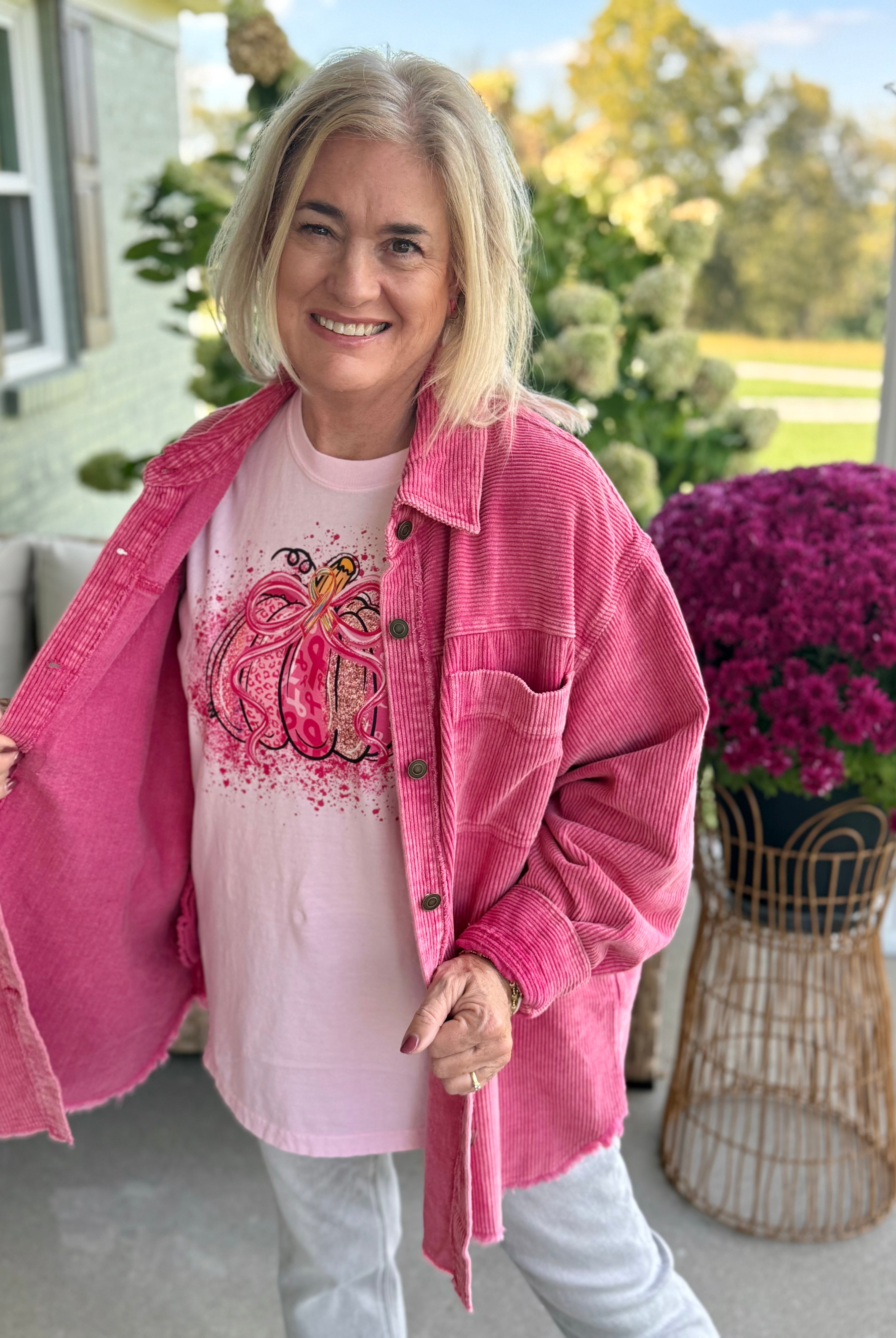Courage in Corduroy Pink Shacket-170 Jackets/Outerwear-Donation Pink-The Lovely Closet, Women's Fashion Boutique in Alexandria, KY