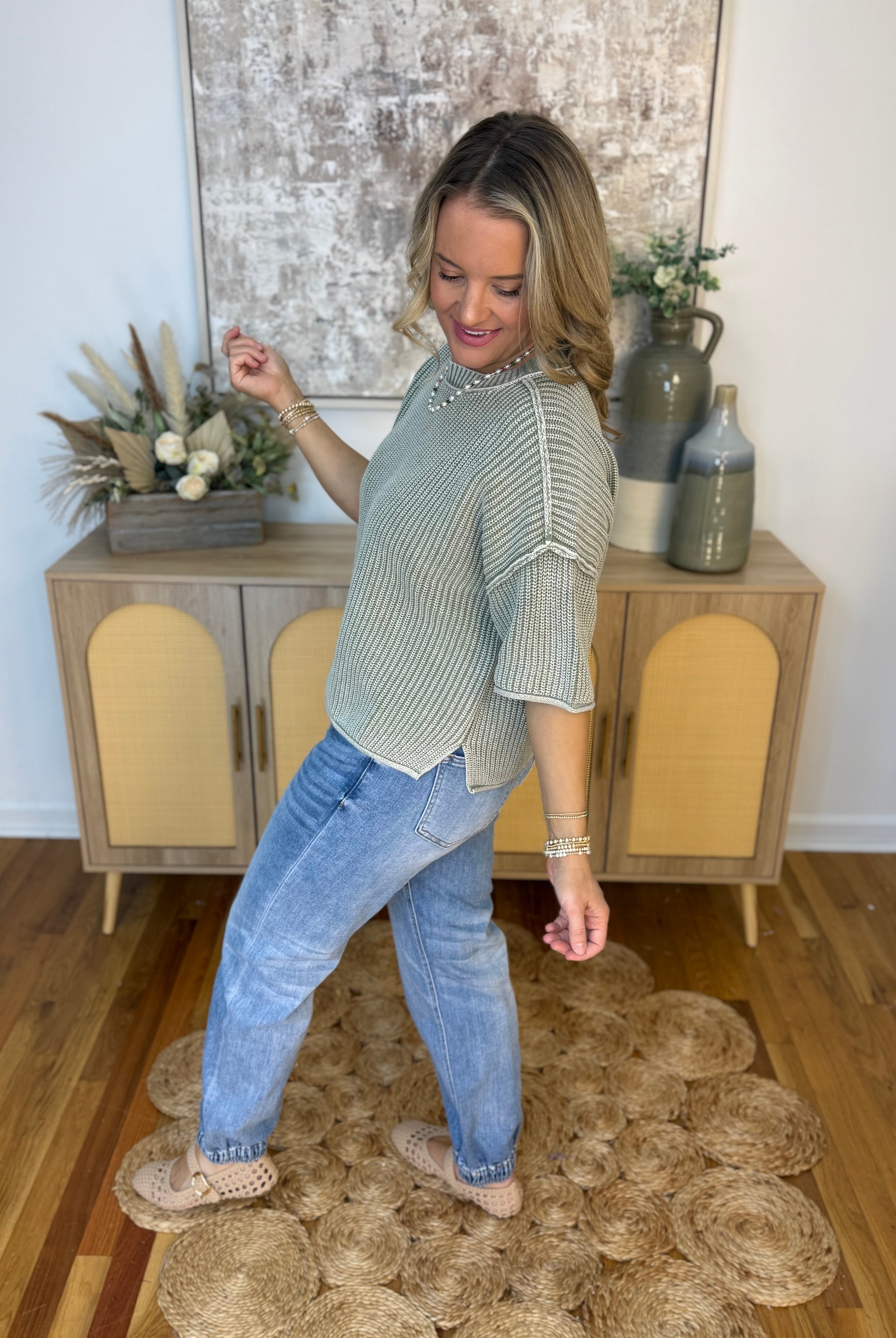 Let's Getaway Short Sleeve Sweater - Sage-100 Short Sleeve Tops-Blu Pepper-The Lovely Closet, Women's Fashion Boutique in Alexandria, KY