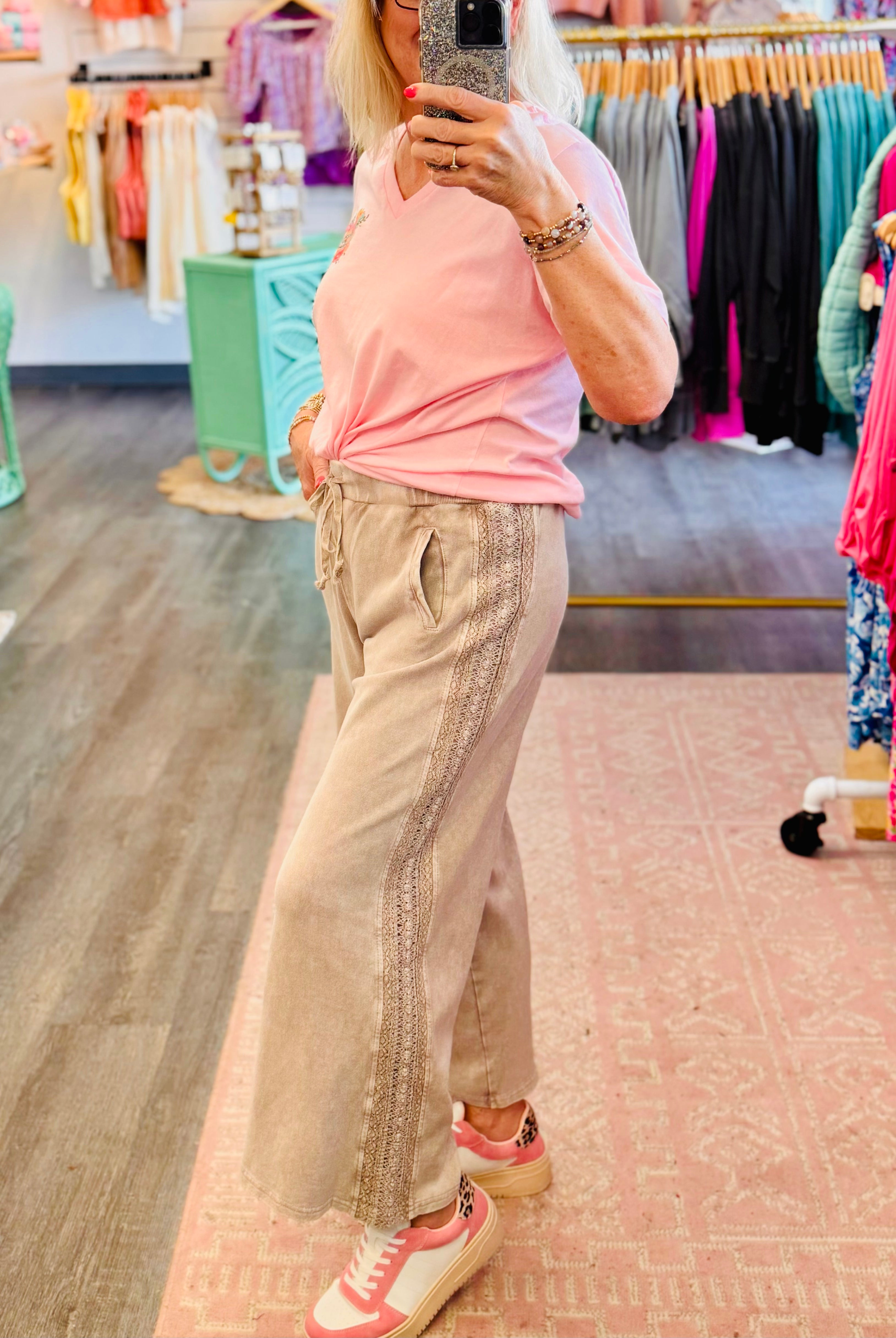 On the Casual Side Lace Detail Pants - Mushroom-240 Pants-The Lovely Closet-The Lovely Closet, Women's Fashion Boutique in Alexandria, KY