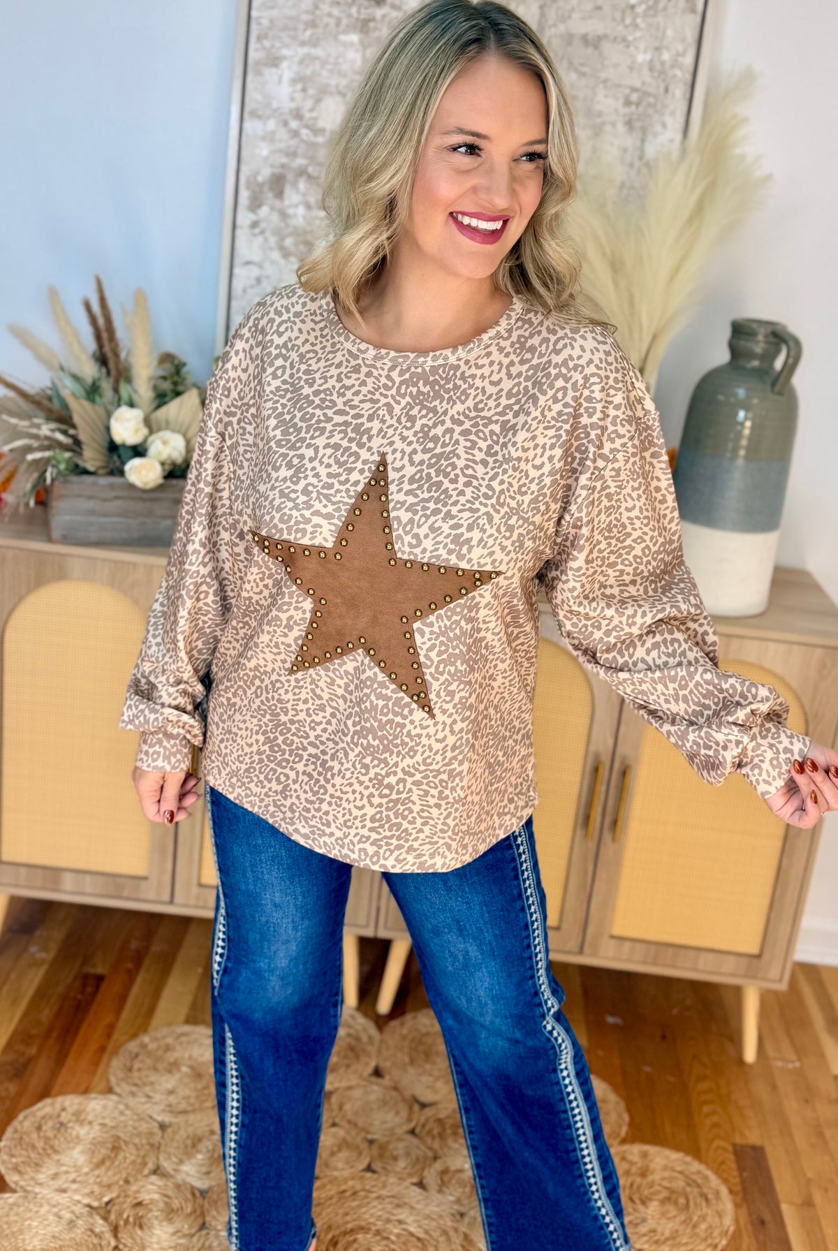 Leopard Print Studded Star Patch Top-110 Long Sleeve Top-Kori America-The Lovely Closet, Women's Fashion Boutique in Alexandria, KY