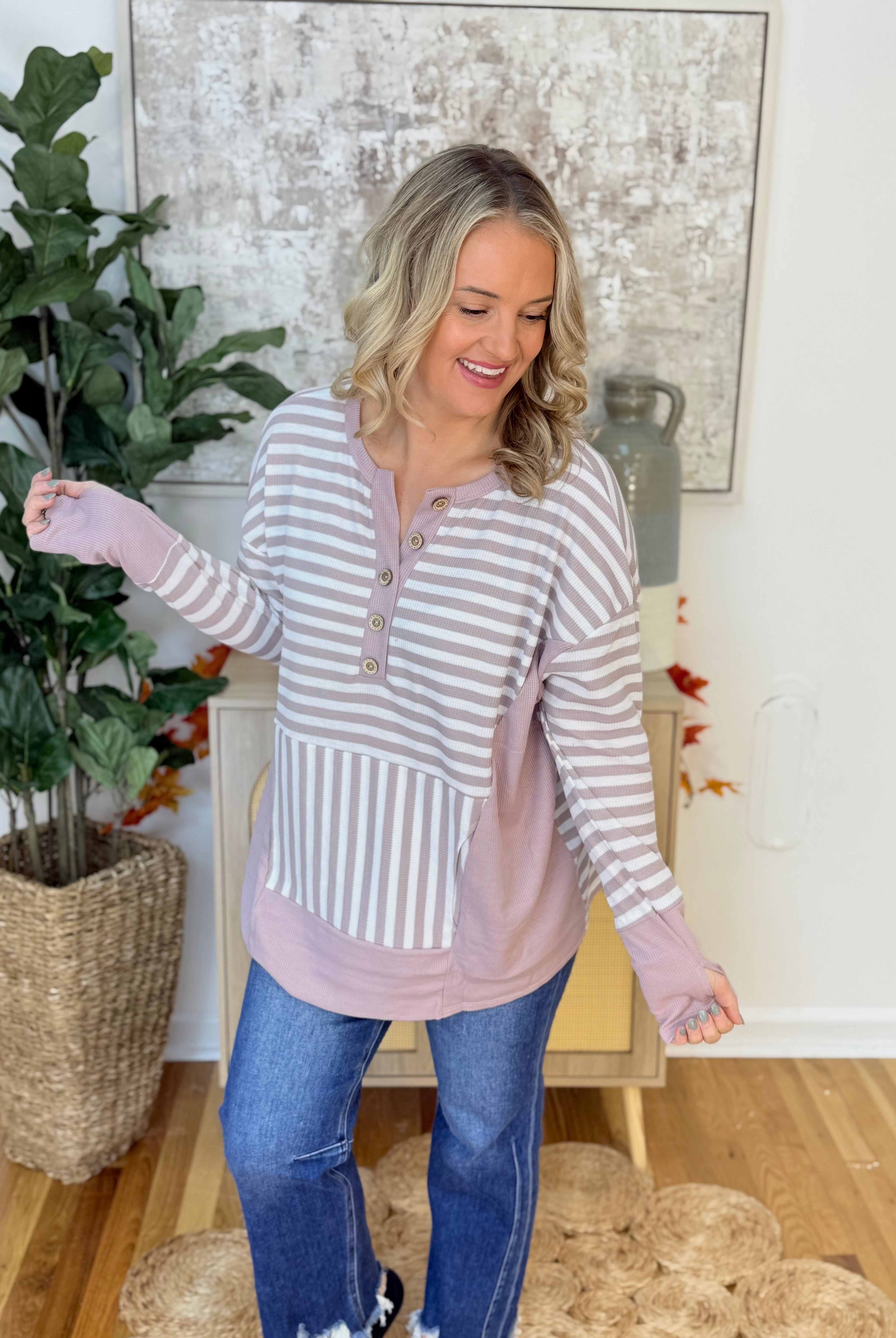 Thermal Stripe Henley Top-110 Long Sleeve Top-bibi-The Lovely Closet, Women's Fashion Boutique in Alexandria, KY