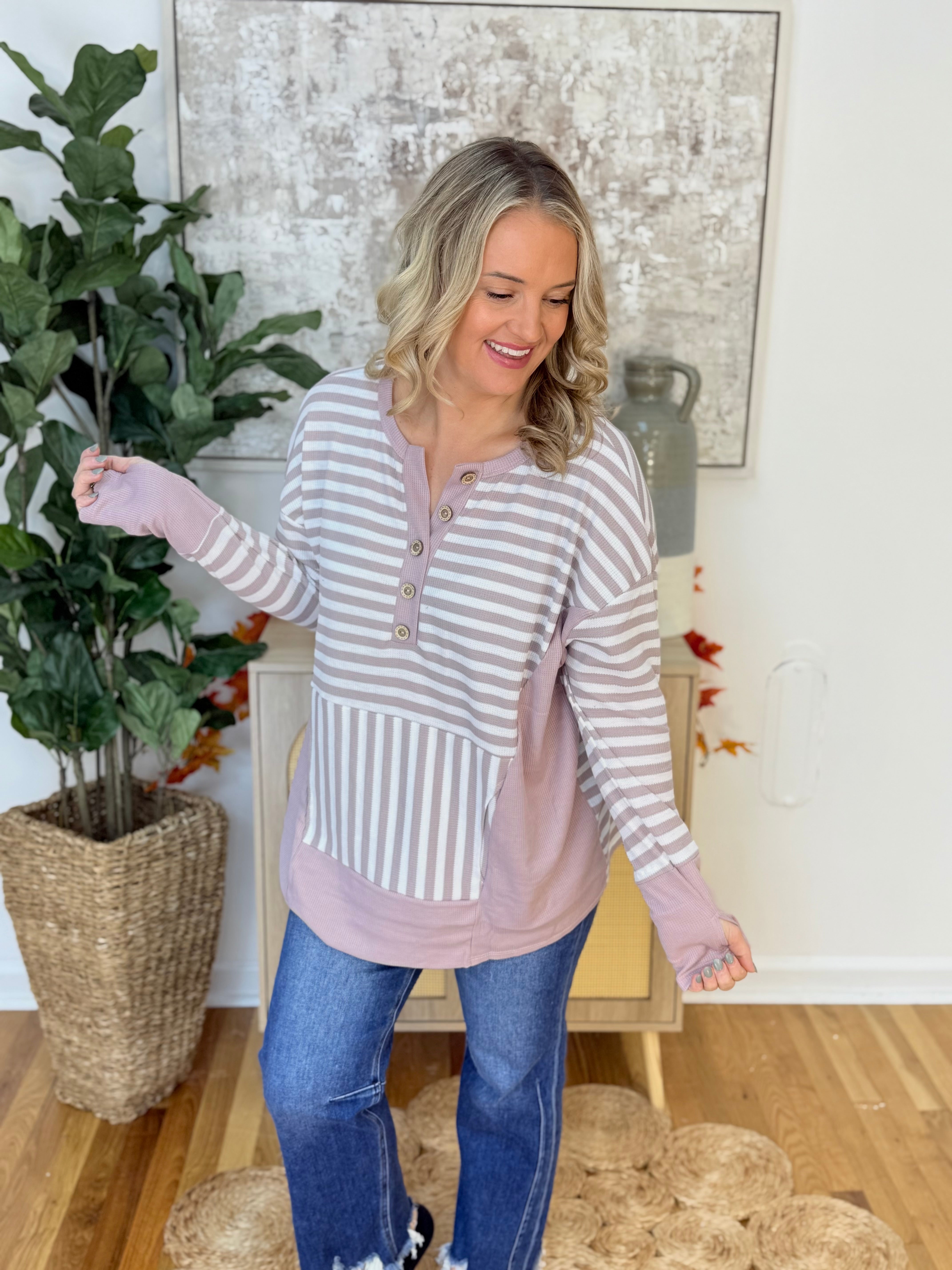 Thermal Stripe Henley Top-110 Long Sleeve Top-bibi-The Lovely Closet, Women's Fashion Boutique in Alexandria, KY