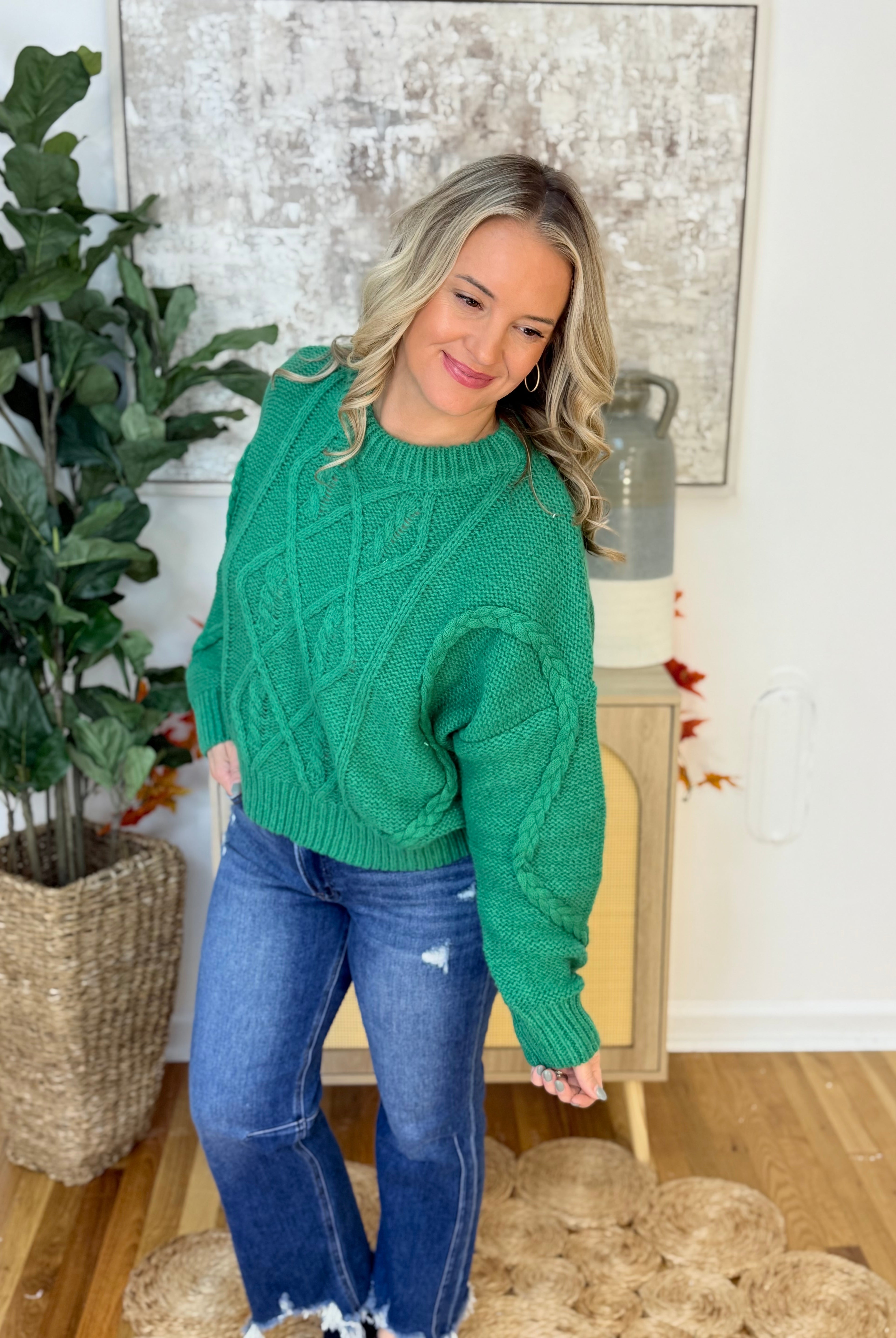 Christmas Green Cable Knit Sweater-110 Long Sleeve Top-bibi-The Lovely Closet, Women's Fashion Boutique in Alexandria, KY