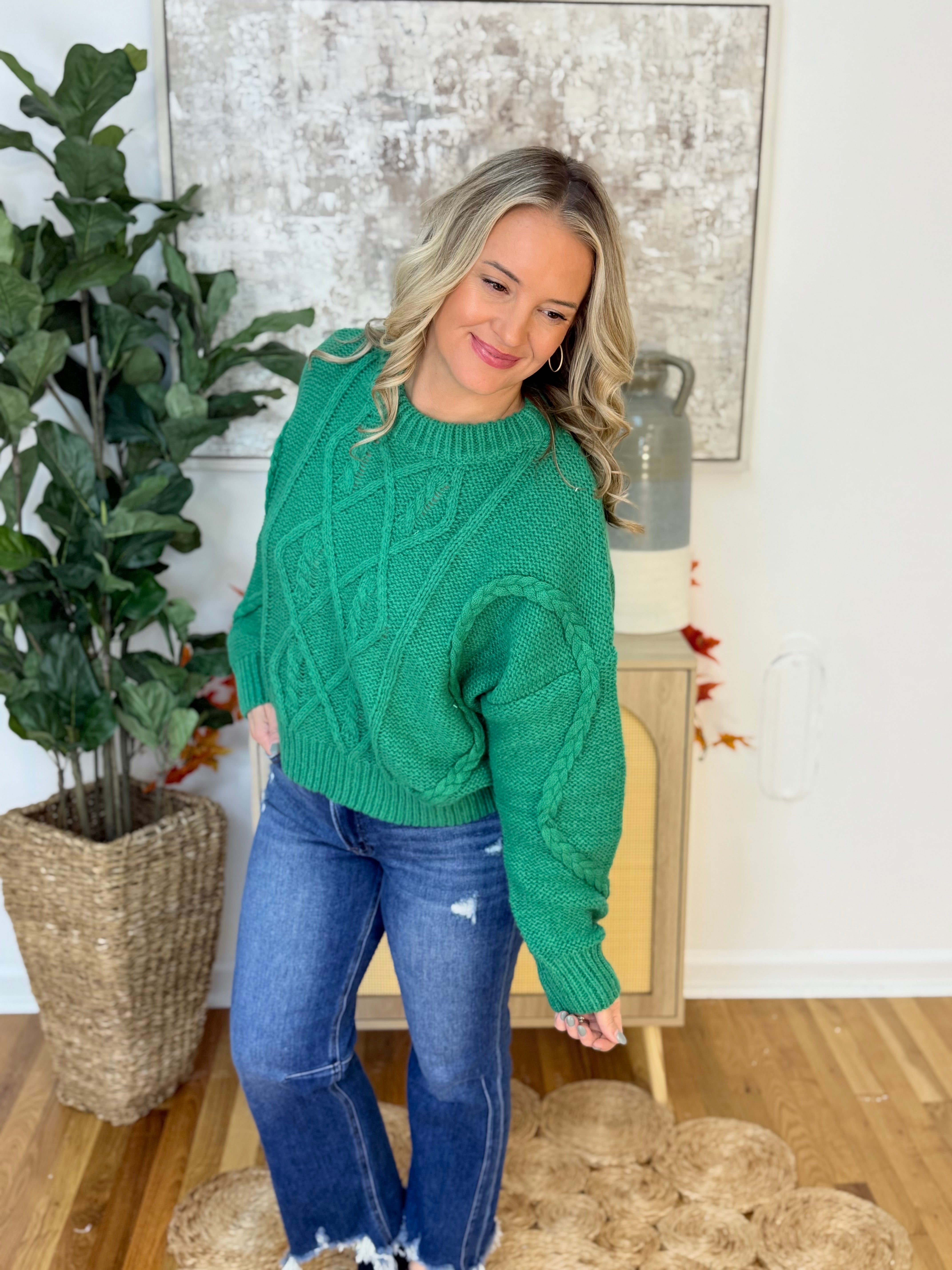 Christmas Green Cable Knit Sweater-110 Long Sleeve Top-bibi-The Lovely Closet, Women's Fashion Boutique in Alexandria, KY