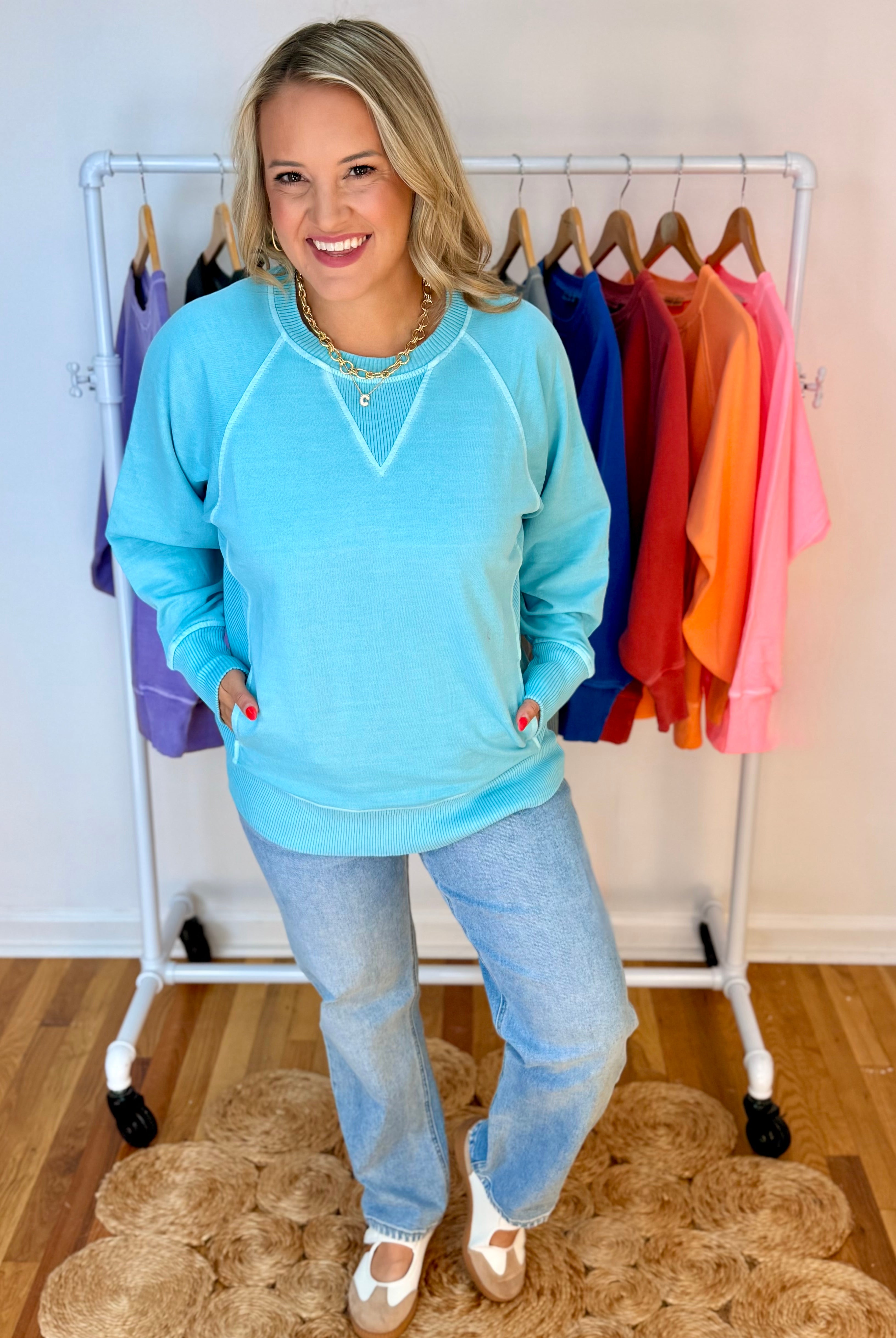Keeping it Casual Pullover 2026 - Mint Sky-150 Sweatshirts-zenana-The Lovely Closet, Women's Fashion Boutique in Alexandria, KY