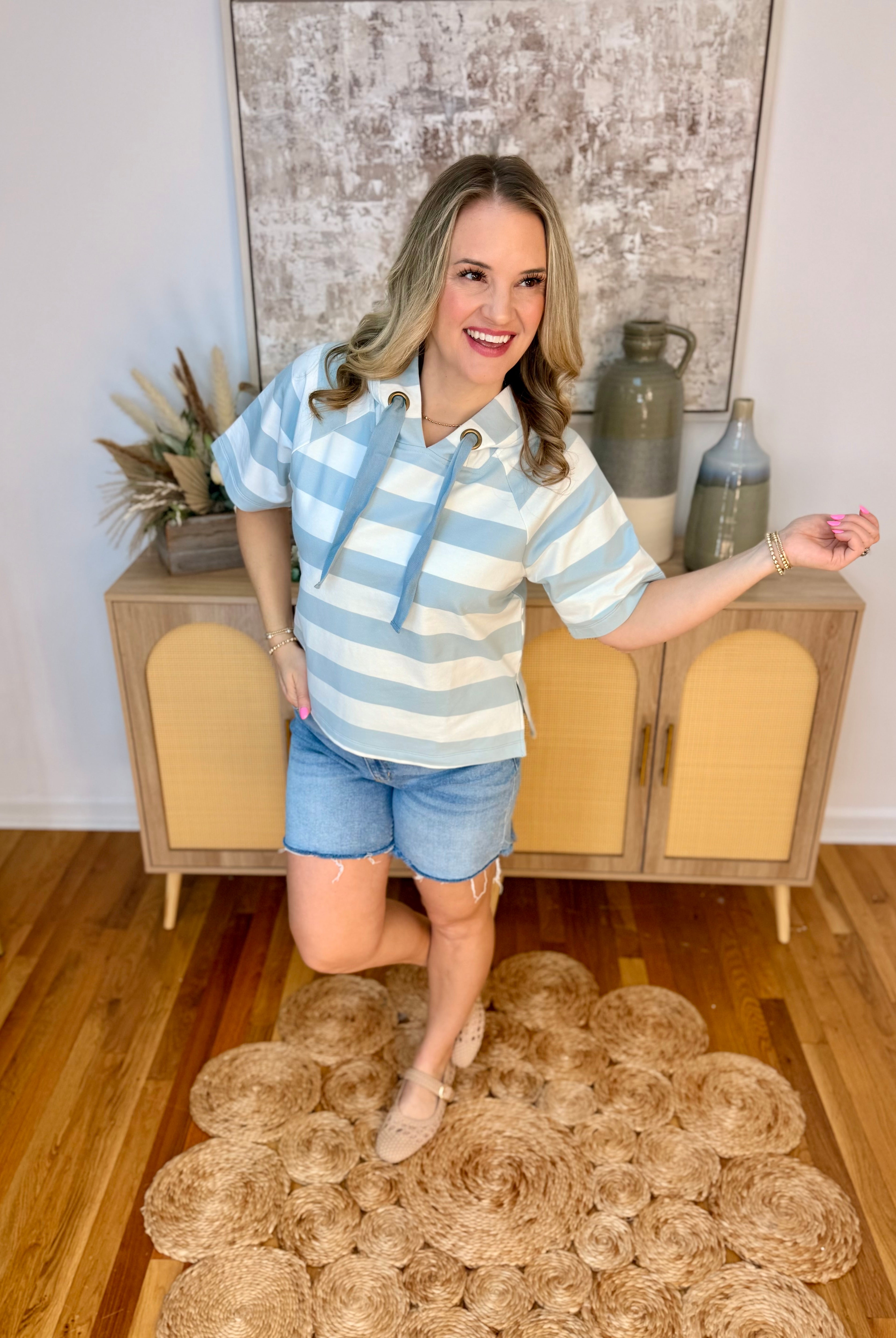 Let it be Spring Hooded Top - Blue-100 Short Sleeve Tops-Doe and Rae-The Lovely Closet, Women's Fashion Boutique in Alexandria, KY