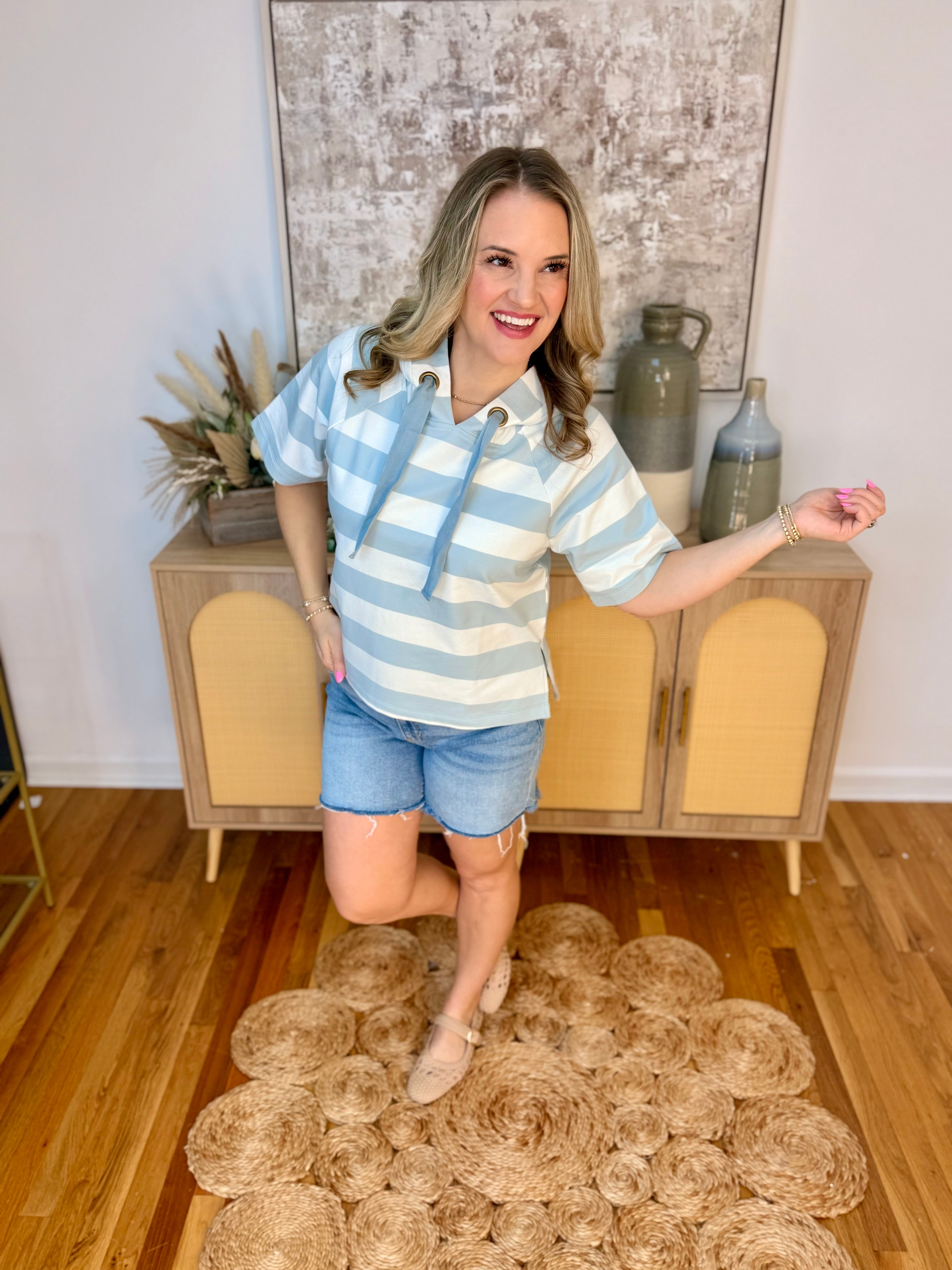 Let it be Spring Hooded Top - Blue-100 Short Sleeve Tops-Doe and Rae-The Lovely Closet, Women's Fashion Boutique in Alexandria, KY