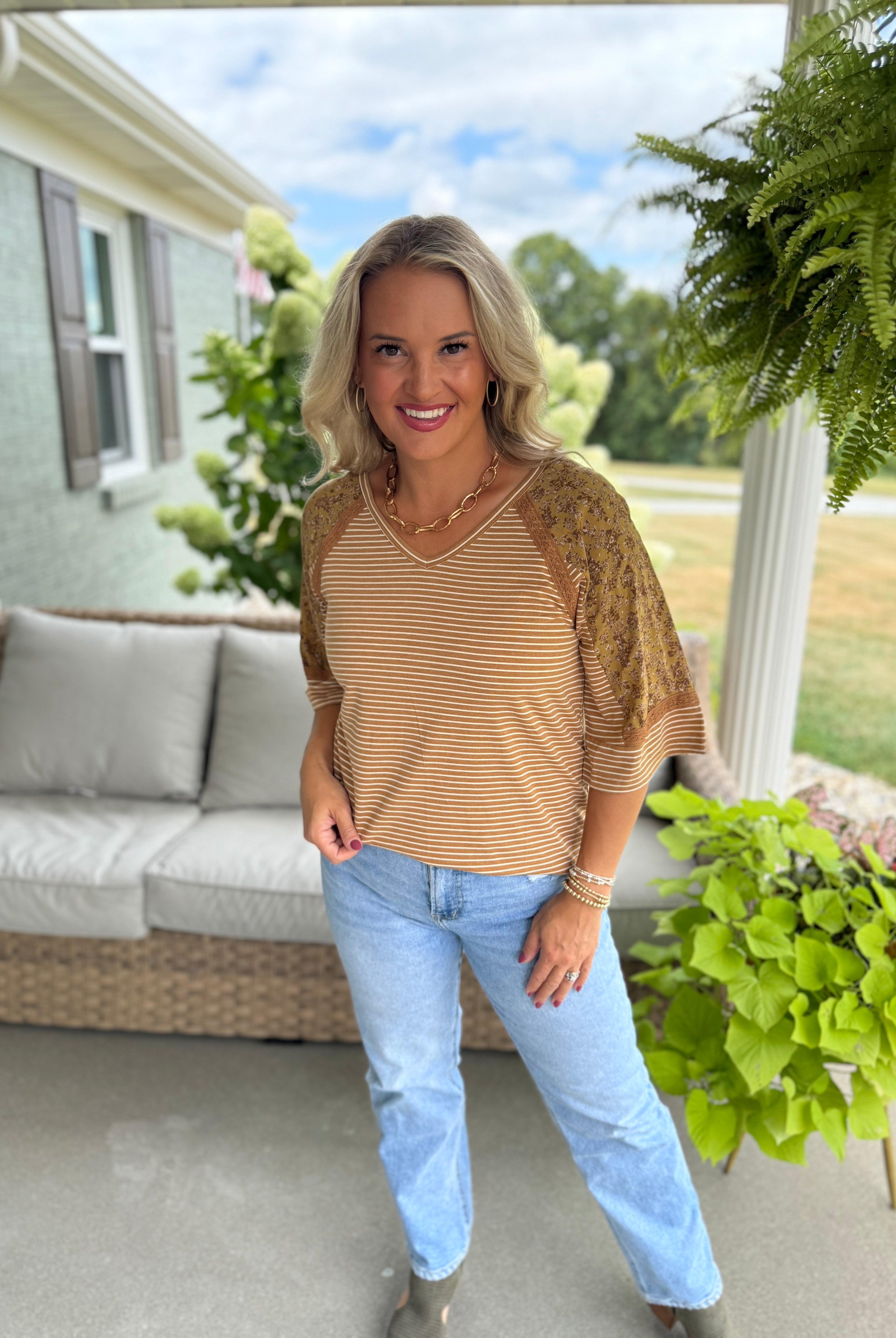 Floral Sleeve Stripe Top-100 Short Sleeve Tops-Doe and Rae-The Lovely Closet, Women's Fashion Boutique in Alexandria, KY
