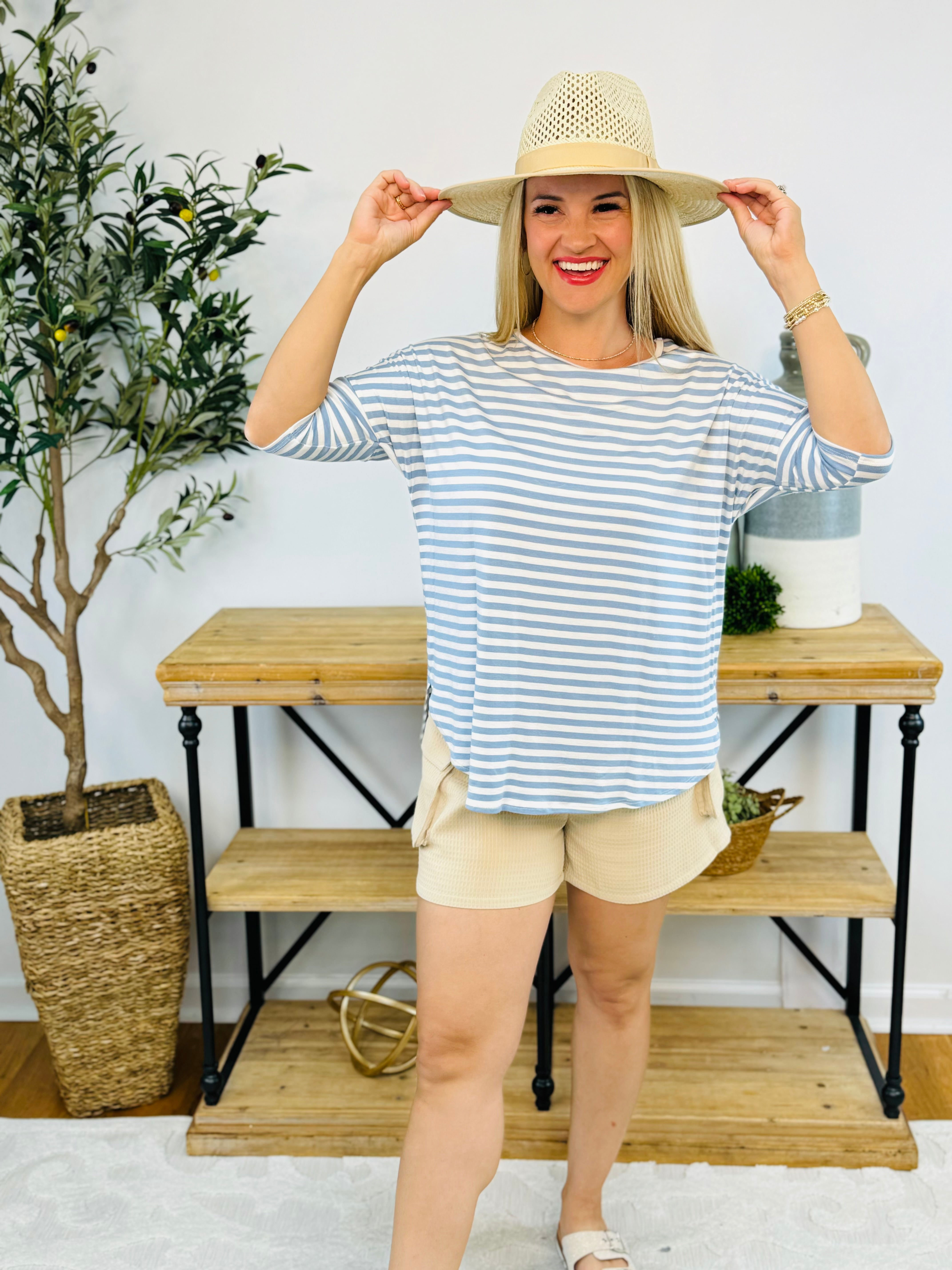 Lt Blue and White Striped Top-100 Short Sleeve Tops-The Lovely Closet-The Lovely Closet, Women's Fashion Boutique in Alexandria, KY
