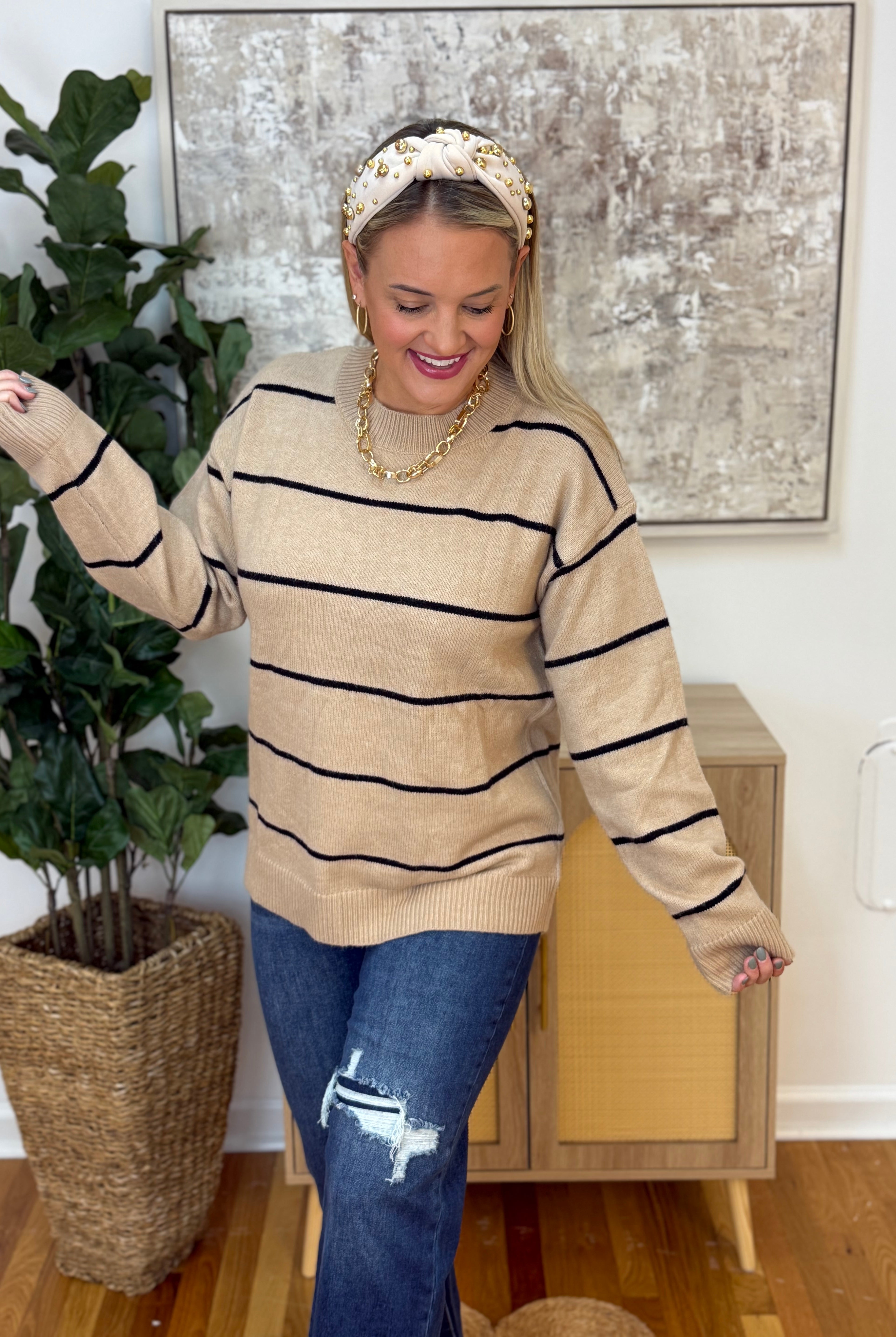 Loose Fit Stripe Crewneck Sweater-140 Sweaters-La Miel-The Lovely Closet, Women's Fashion Boutique in Alexandria, KY