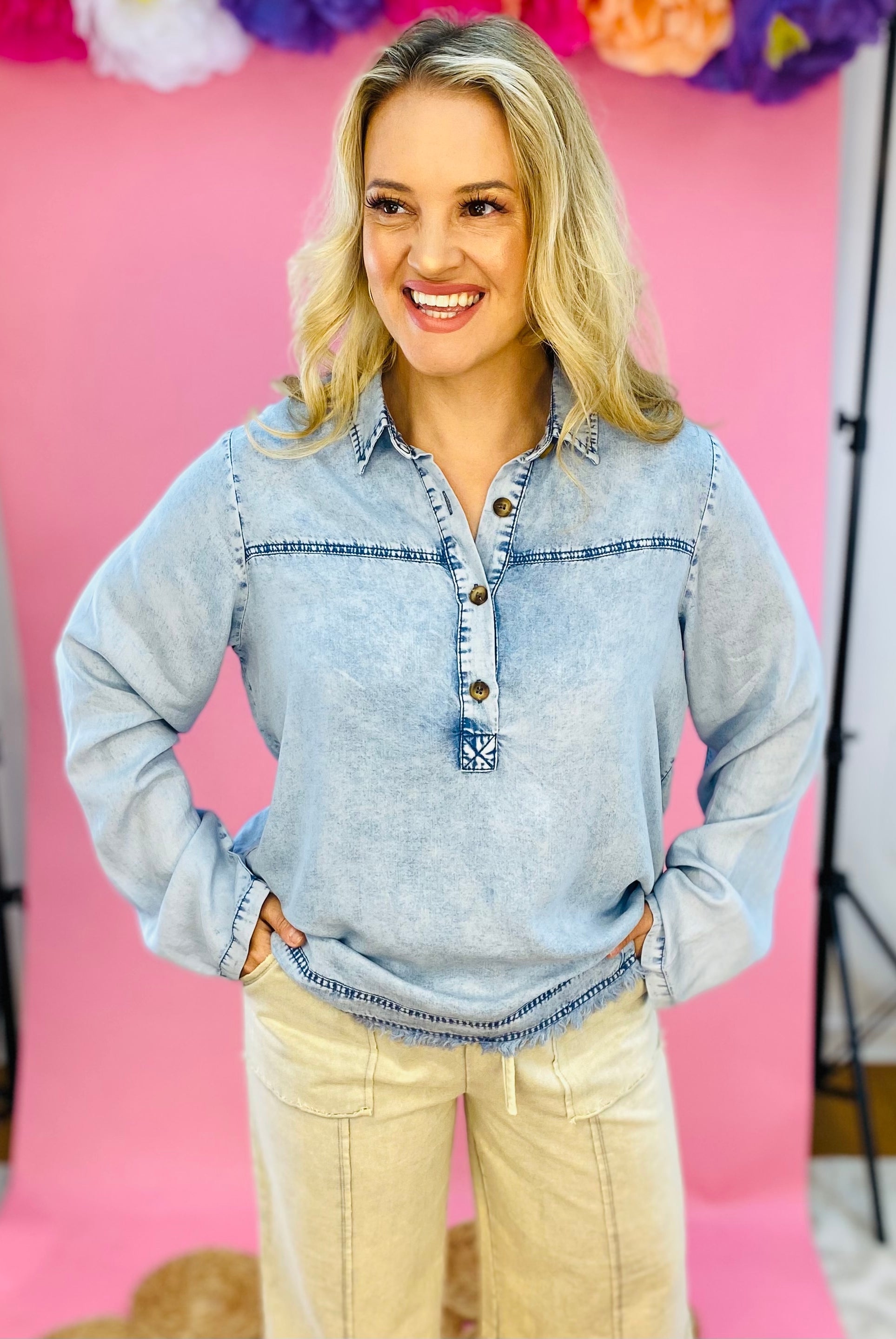 Cool Breeze Denim Pullover-110 Long Sleeve Top-Doe and Rae-The Lovely Closet, Women's Fashion Boutique in Alexandria, KY